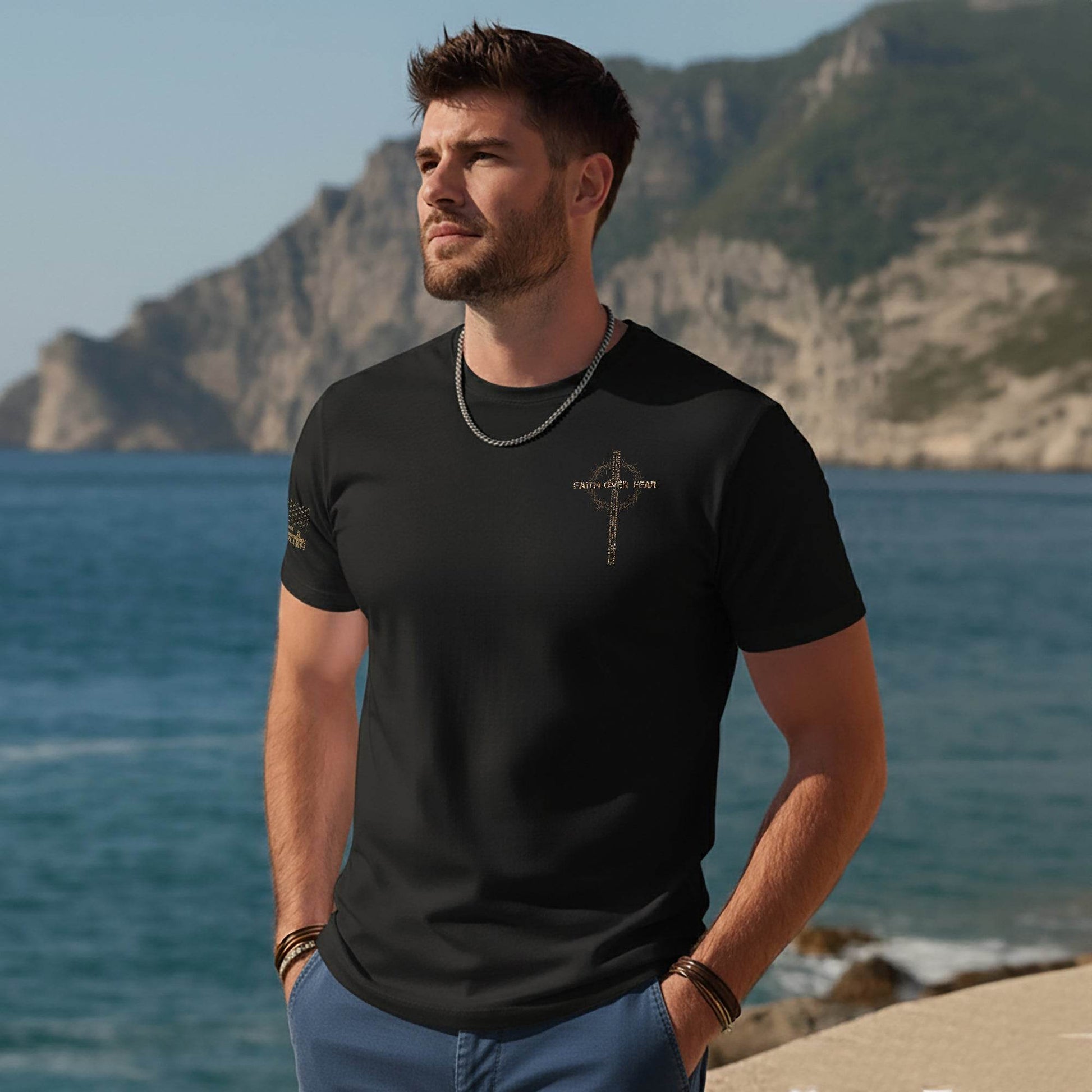 Faith Over Fear T-Shirt – Crown of Thorns Cross with Scripture Quote - Rust Field Wear