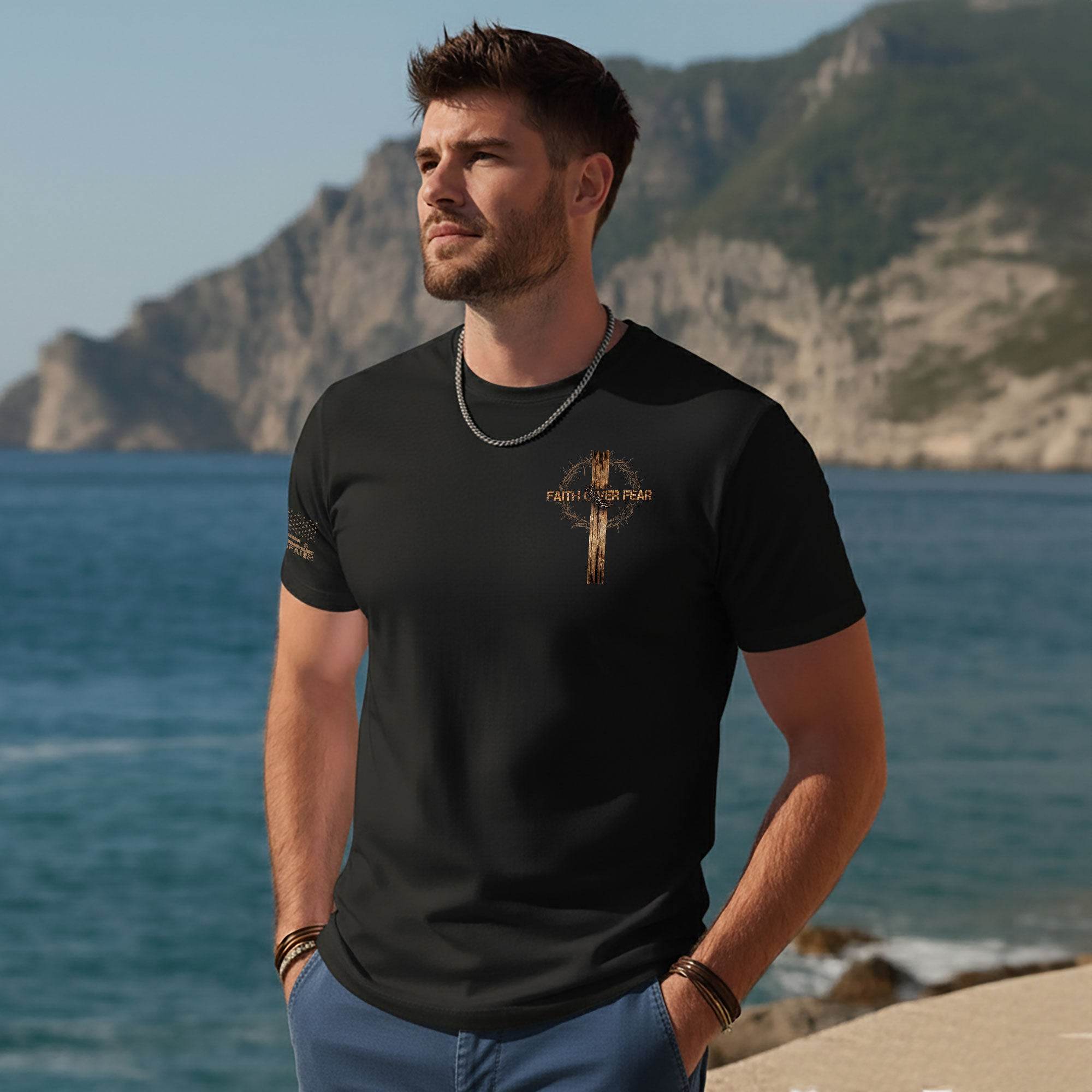 Faith Over Fear Wooden Cross Crown of Thorns T-Shirt - Rust Field Wear