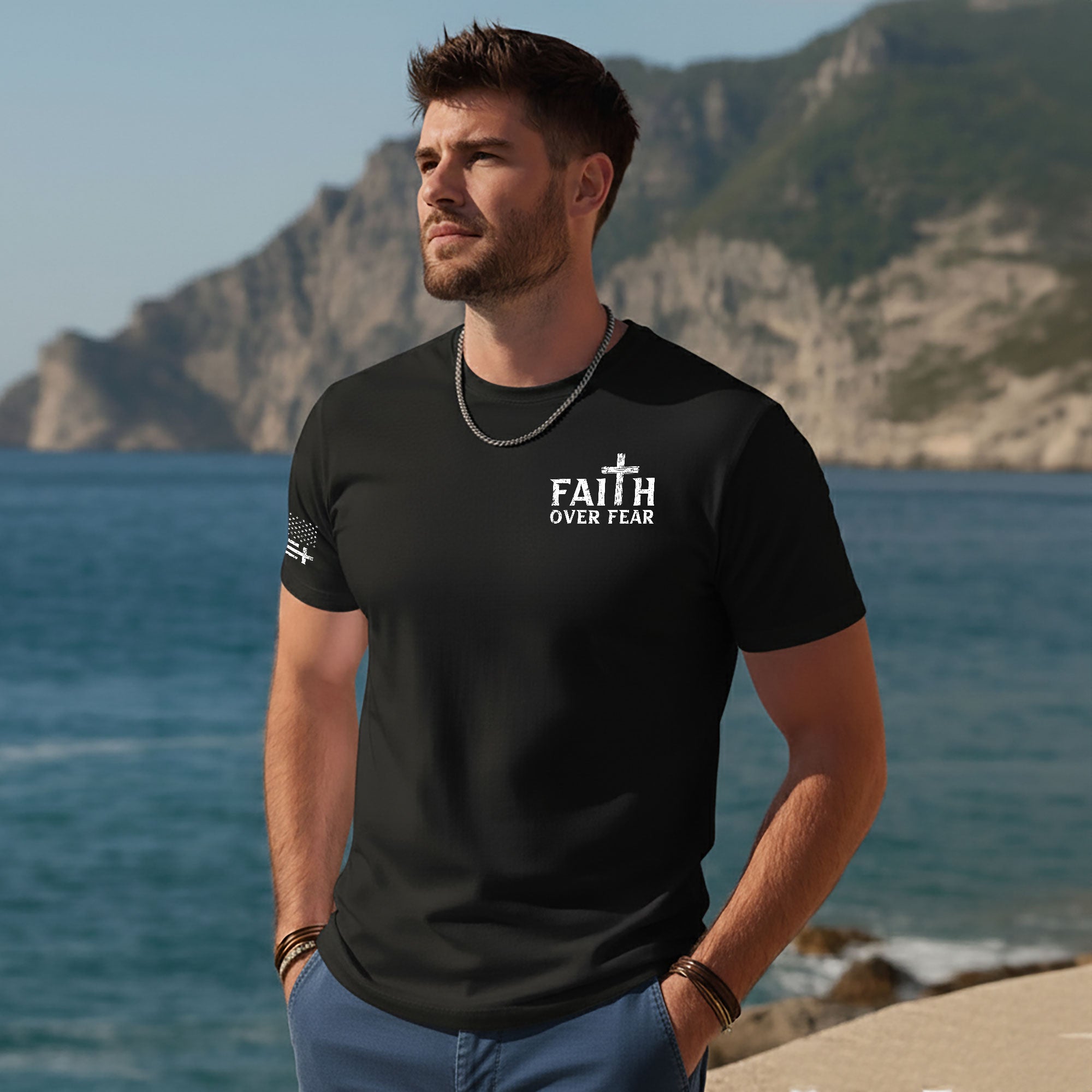 Faith Over Fear Wooden Cross Crown Christian T-Shirt