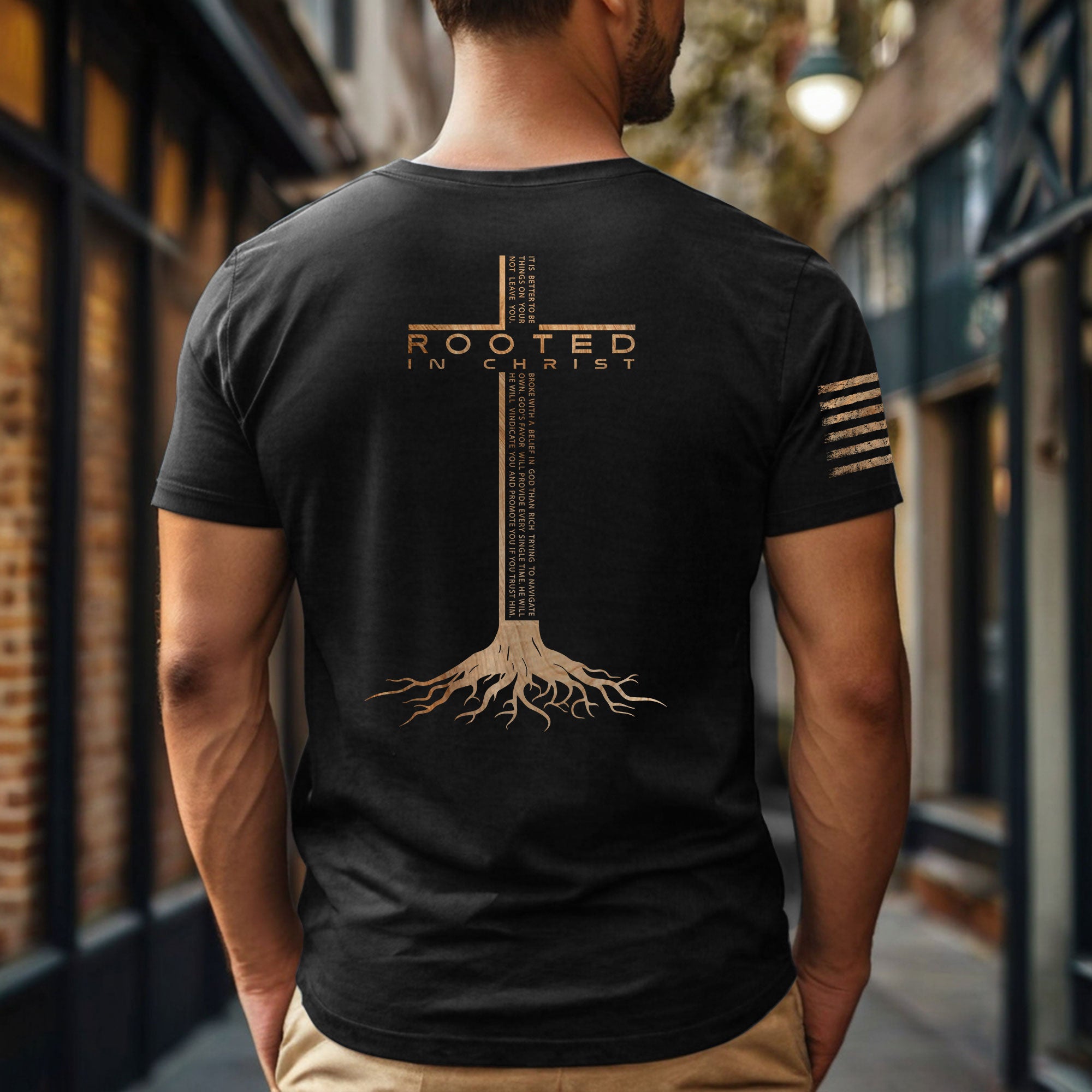 Rooted In Christ Scripture Cross Back Print Christian T-Shirt