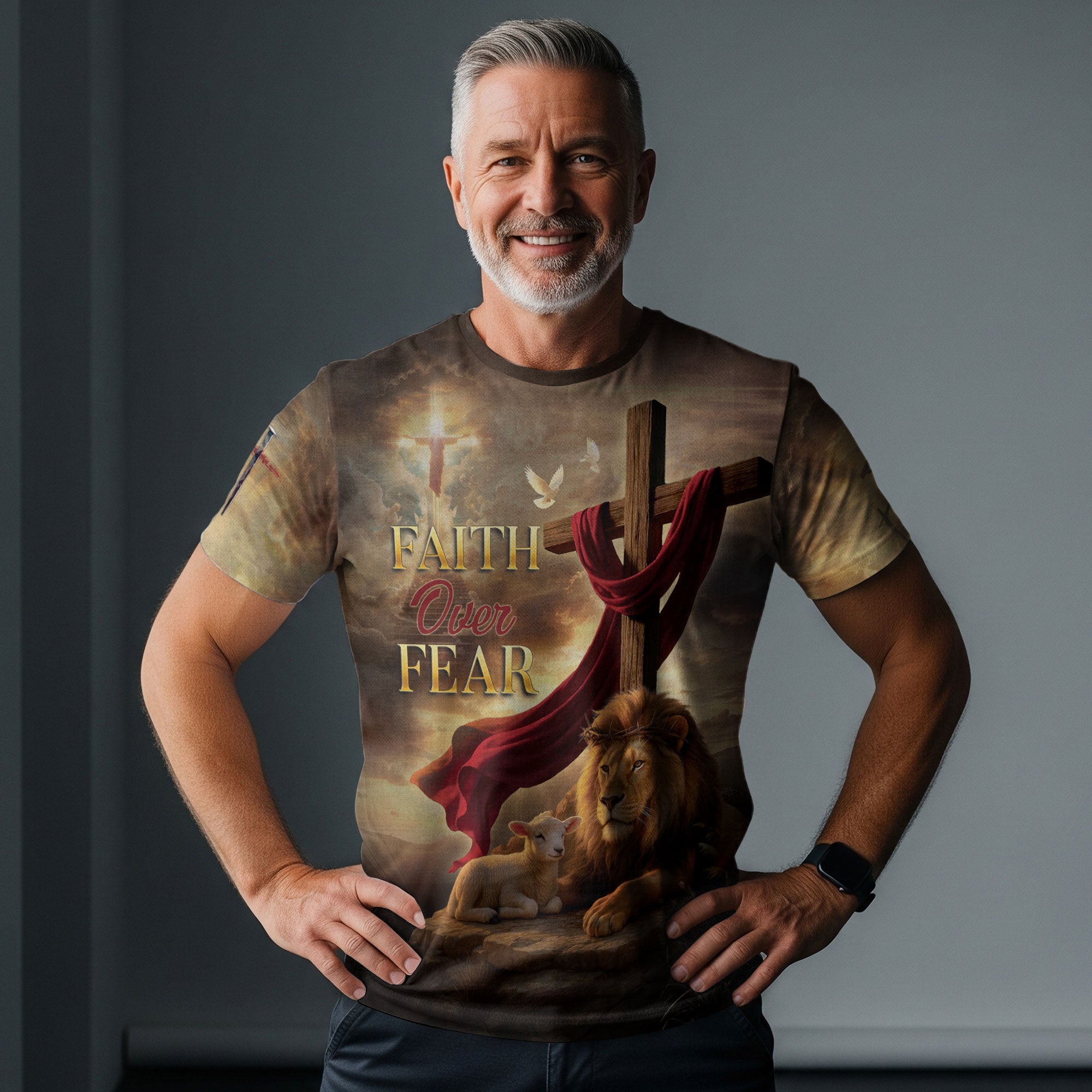 Faith Over Fear Christian T-Shirt Lion Cross Sunset Design