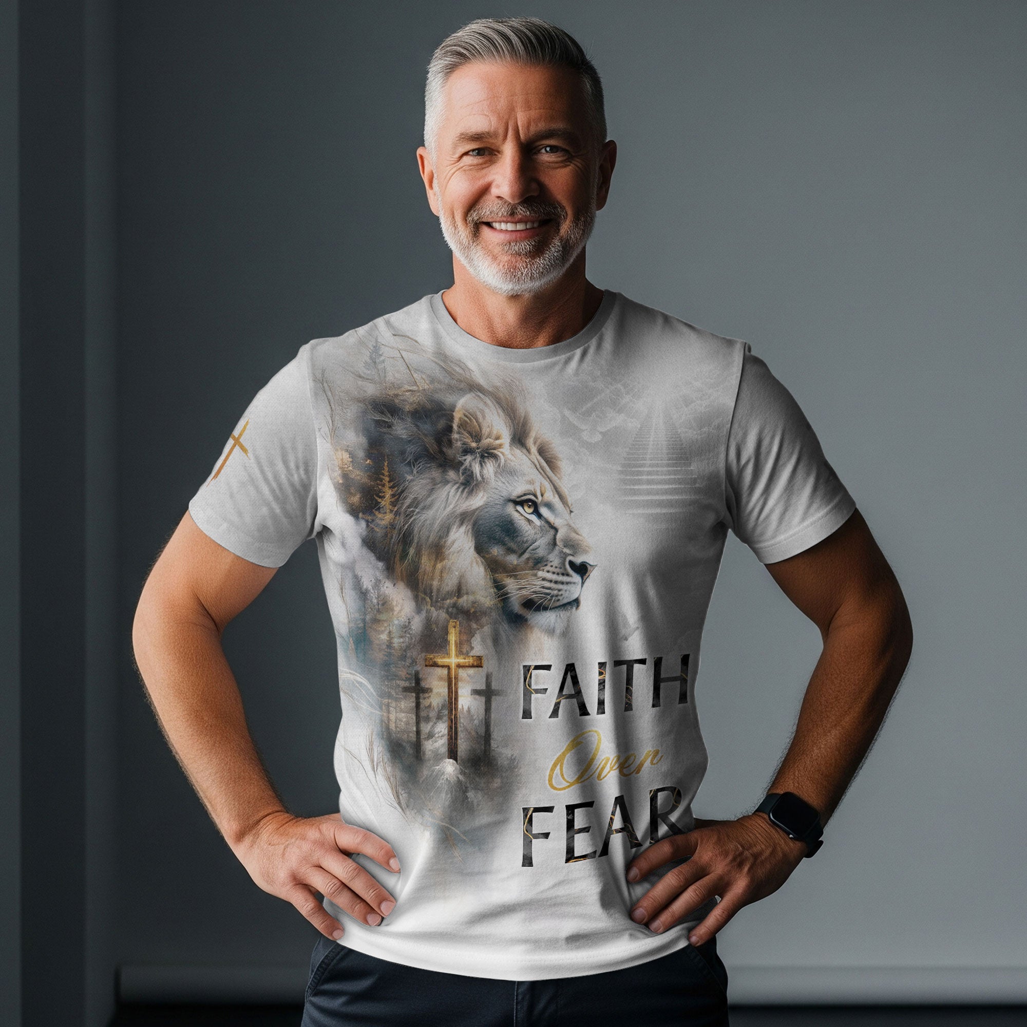 Faith Over Fear Christian T-Shirt Lion Cross White Heaven Design