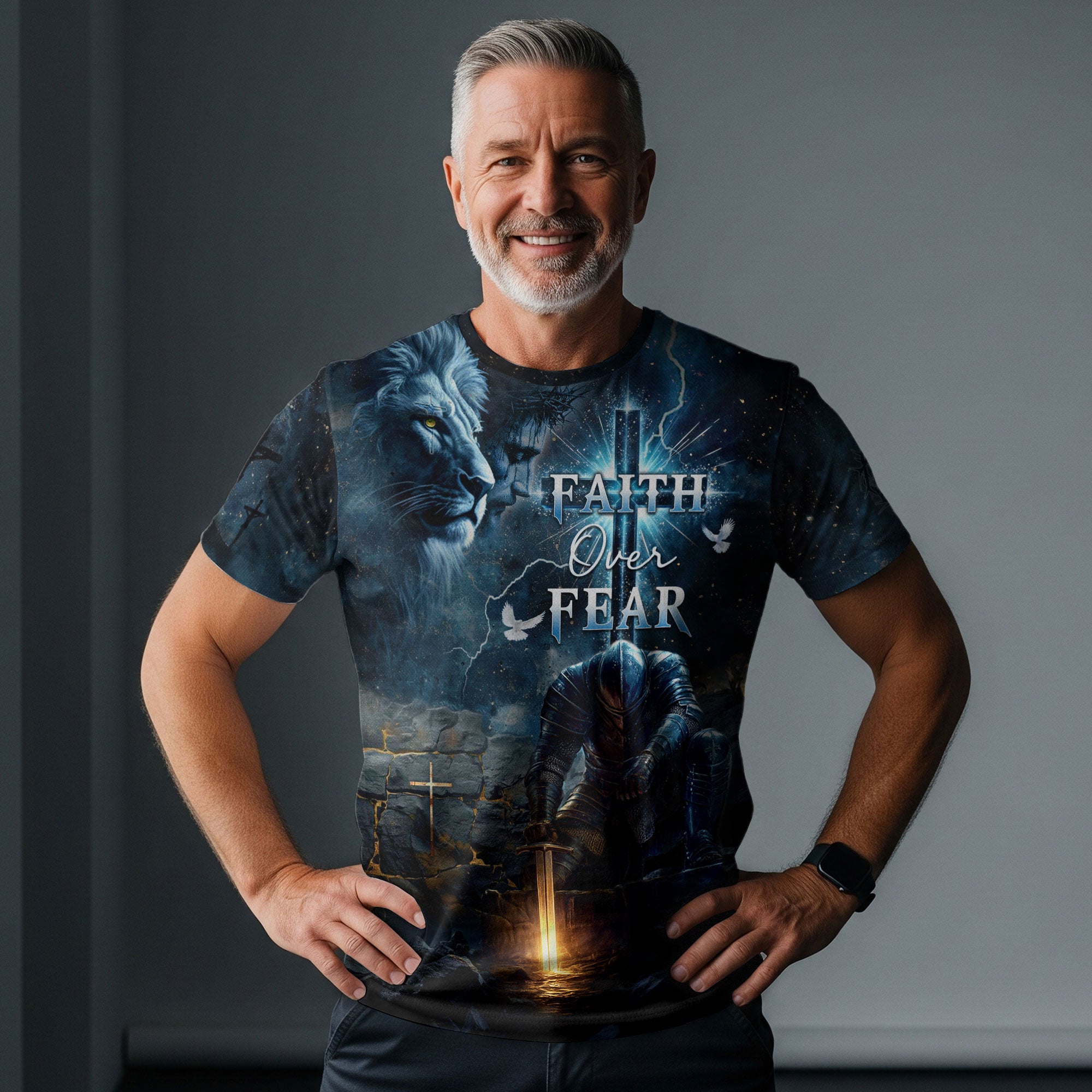 Faith Over Fear Christian T-Shirt Lion Cross Warrior Blue Night Design