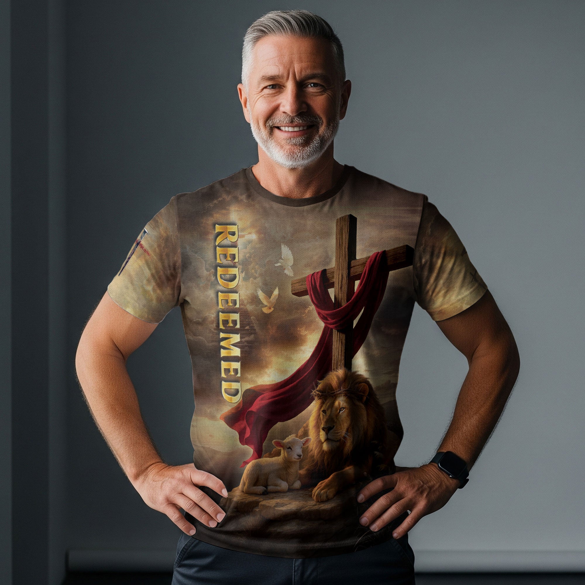 Redeemed Christian T-Shirt Lion Cross Lamb Faith Design