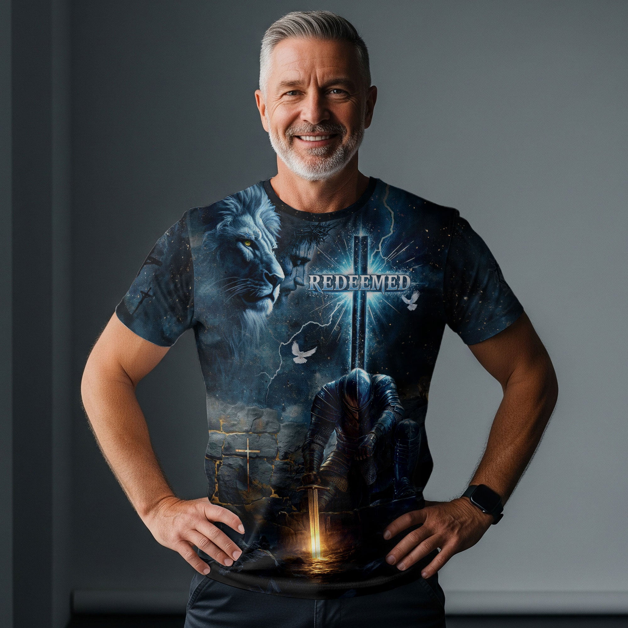Redeemed Christian T-Shirt Lion Warrior Cross Blue Night Design