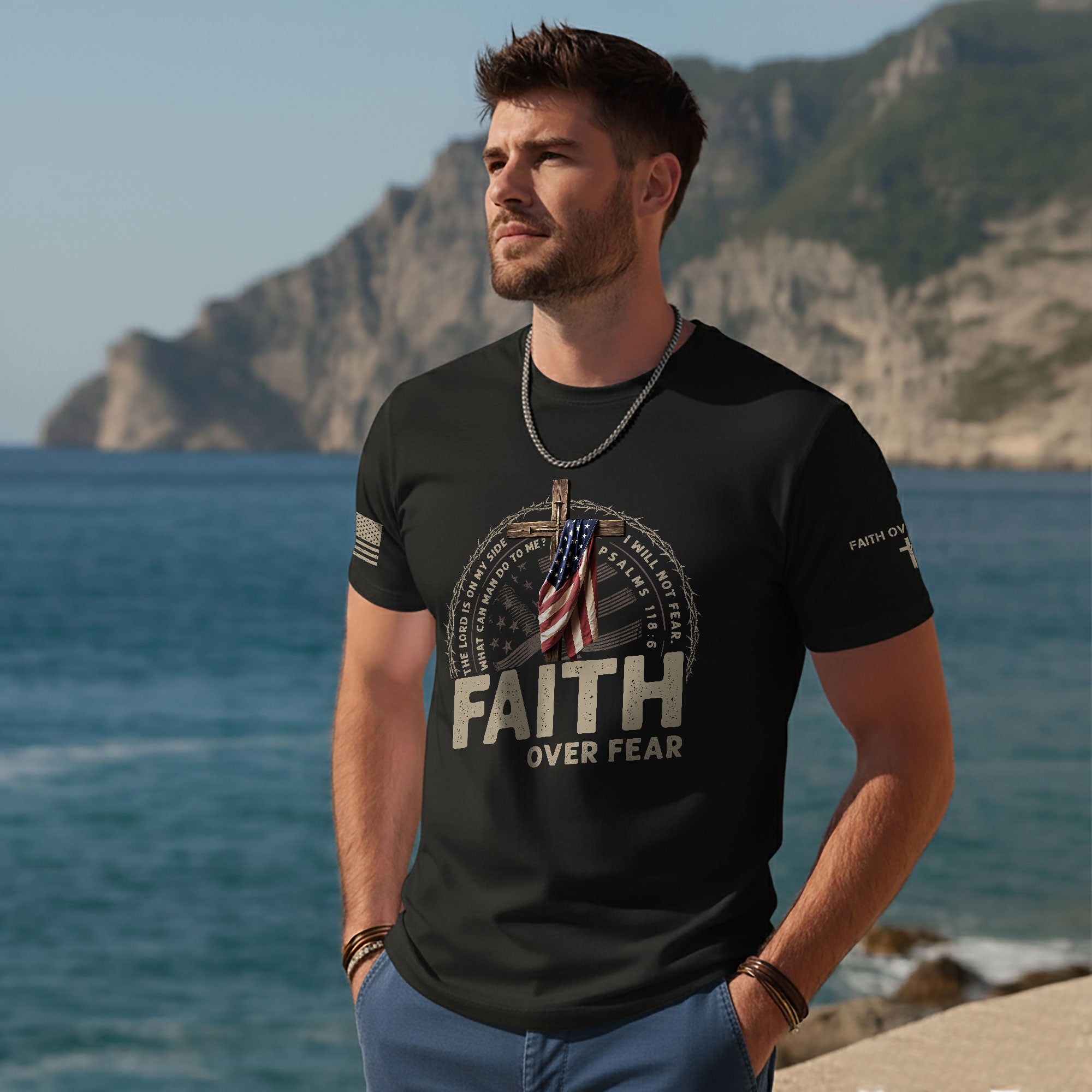Faith Over Fear American Flag Cross Crown of Thorns Psalms 118 6 Christian T-Shirt