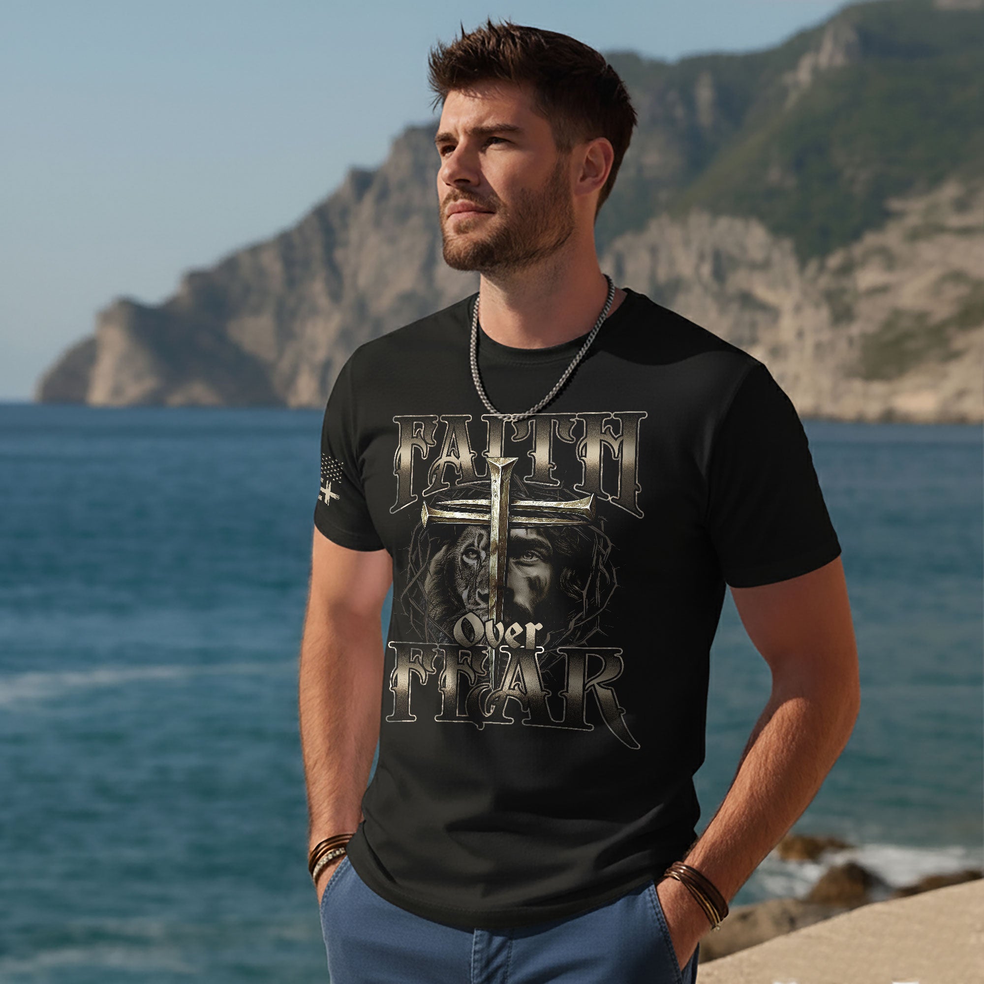 Faith Over Fear Christian T-Shirt Lion Jesus Cross Crown Design