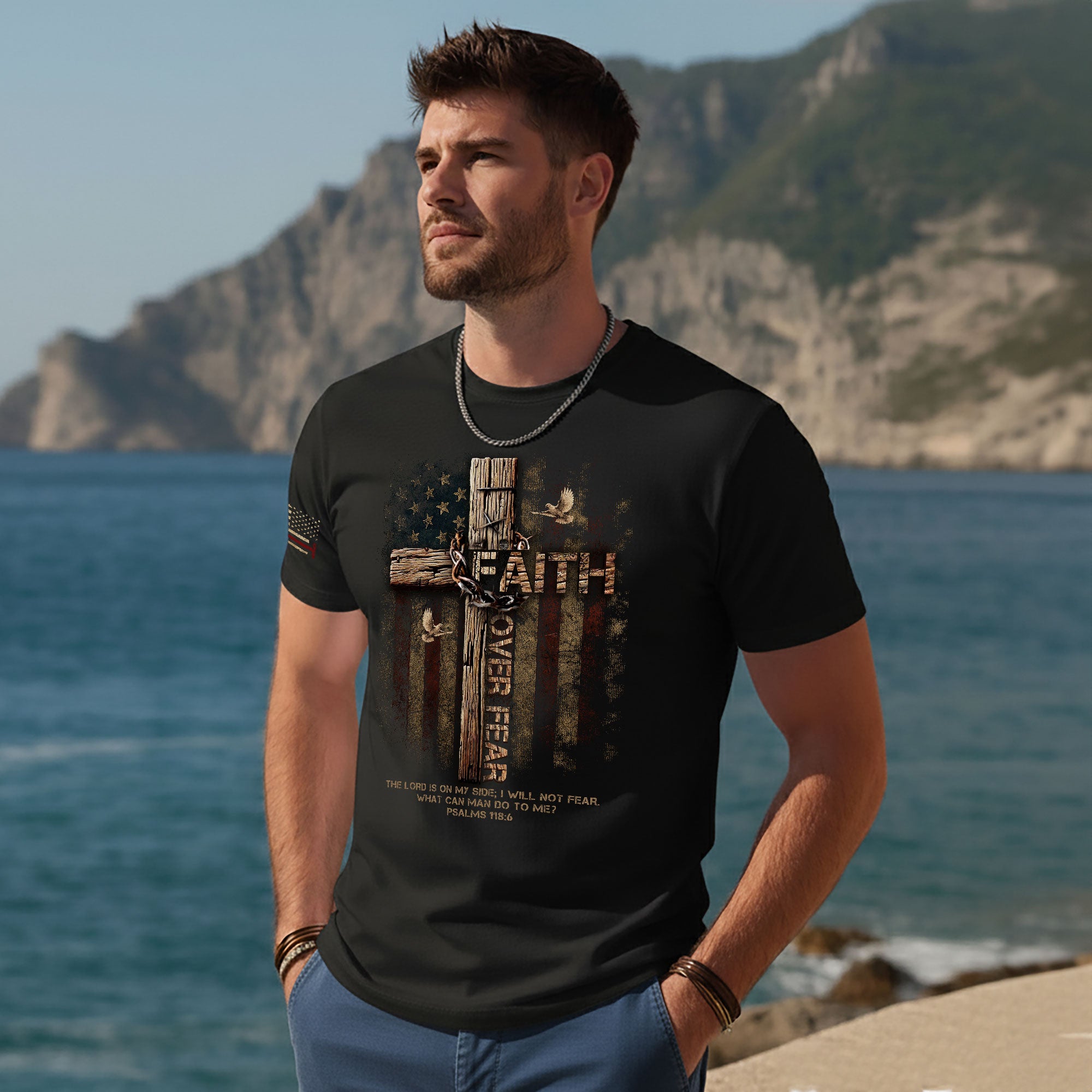Faith Over Fear Wooden Cross American Flag Christian T-Shirt – Psalm 118:6 Verse