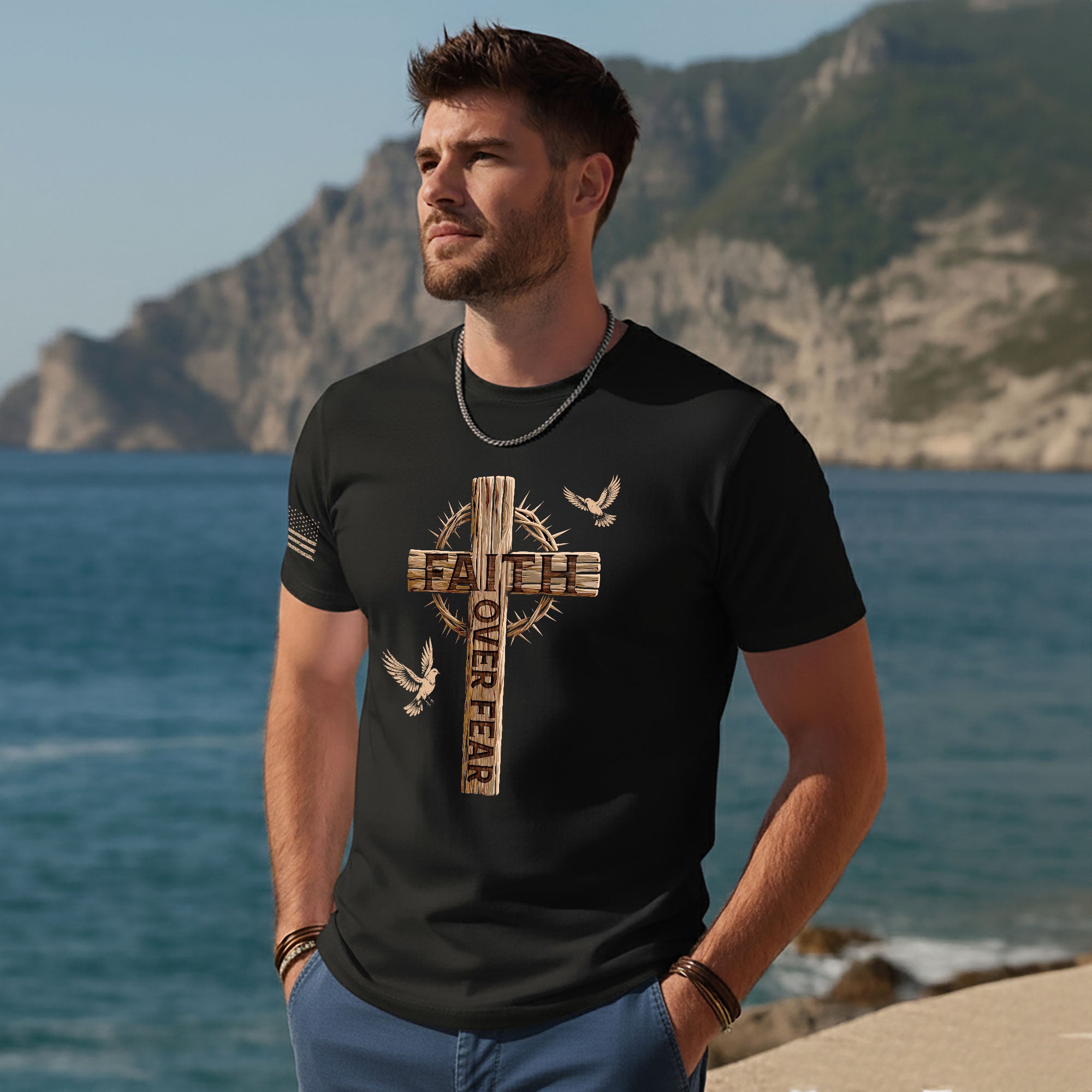 Faith Over Fear Christian T-Shirt Wooden Cross Crown of Thorns Design