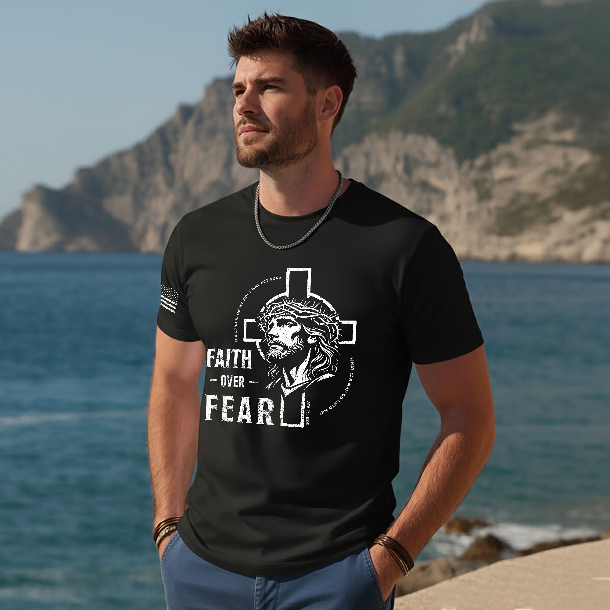 Faith Over Fear Christian T-Shirt Jesus Cross Crown of Thorns Design