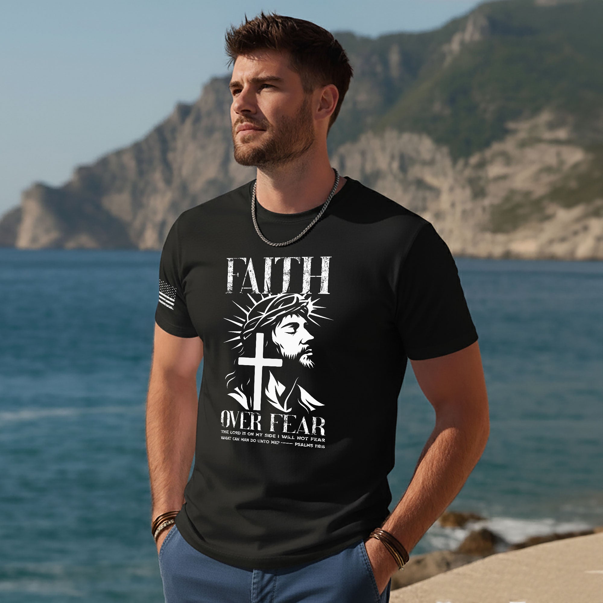 Faith Over Fear Christian T-Shirt Jesus Cross Psalms 118 6 Design