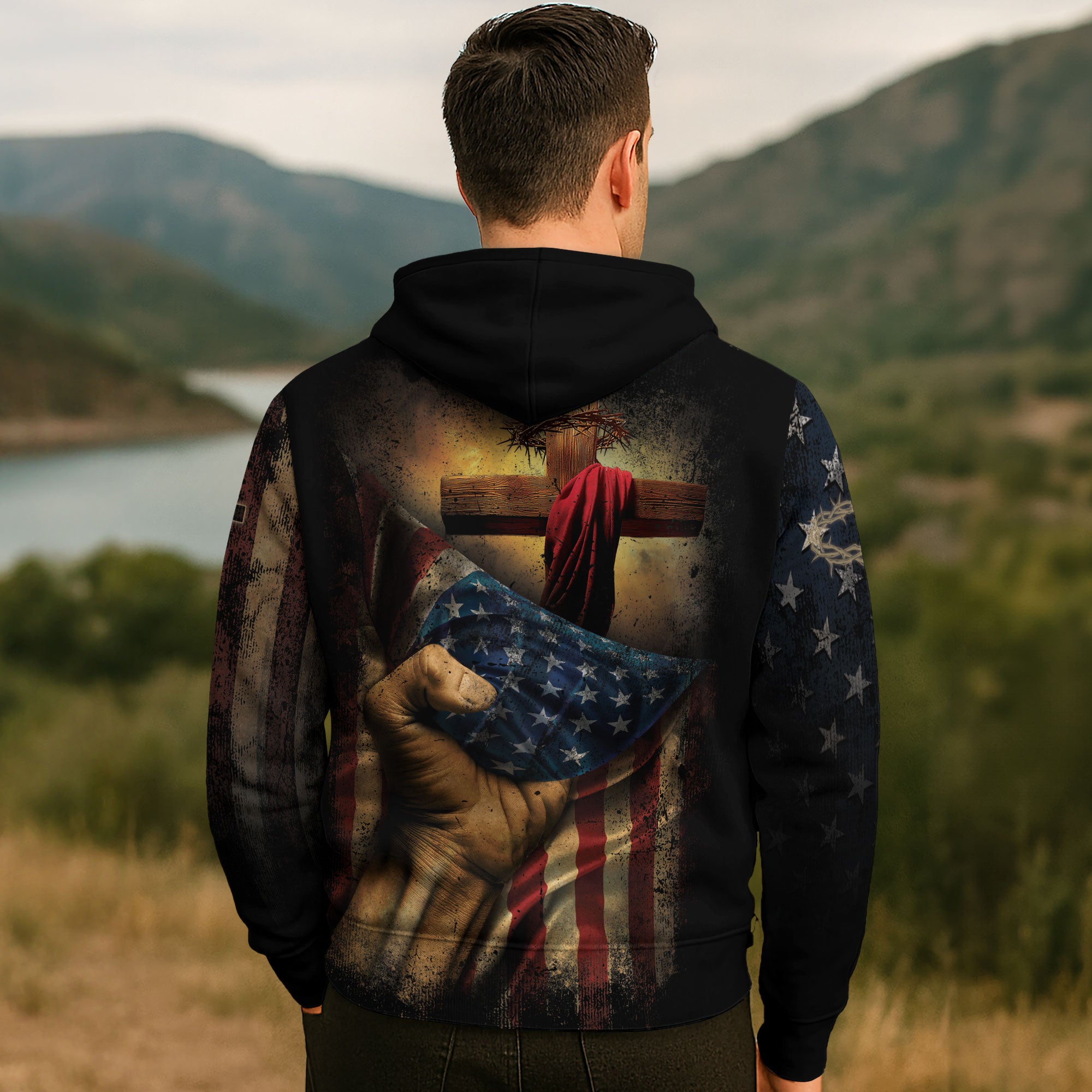 Faith Over Fear Christian Hoodie Cross American Flag Vintage Design