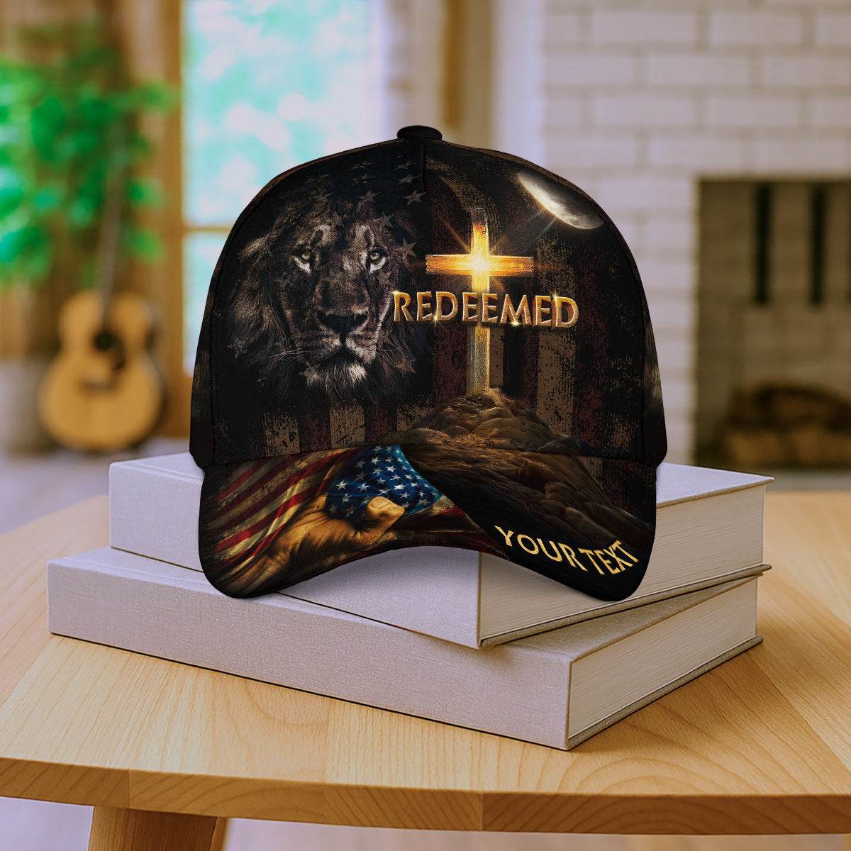 REDEEMED Lion of Judah Cap – Cross & Flag Patriotic Christian Personalized Hat - Rust Field Wear