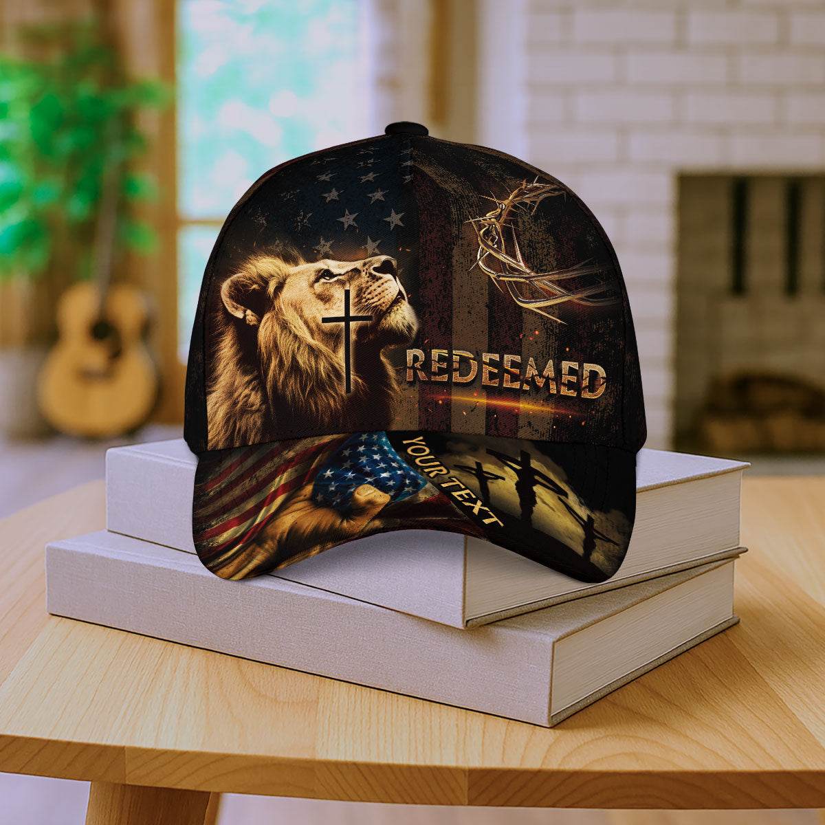 REDEEMED Patriotic Christian Hat – Lion, Cross & Crown of Thorns Personalized Design - Rust Field Wear