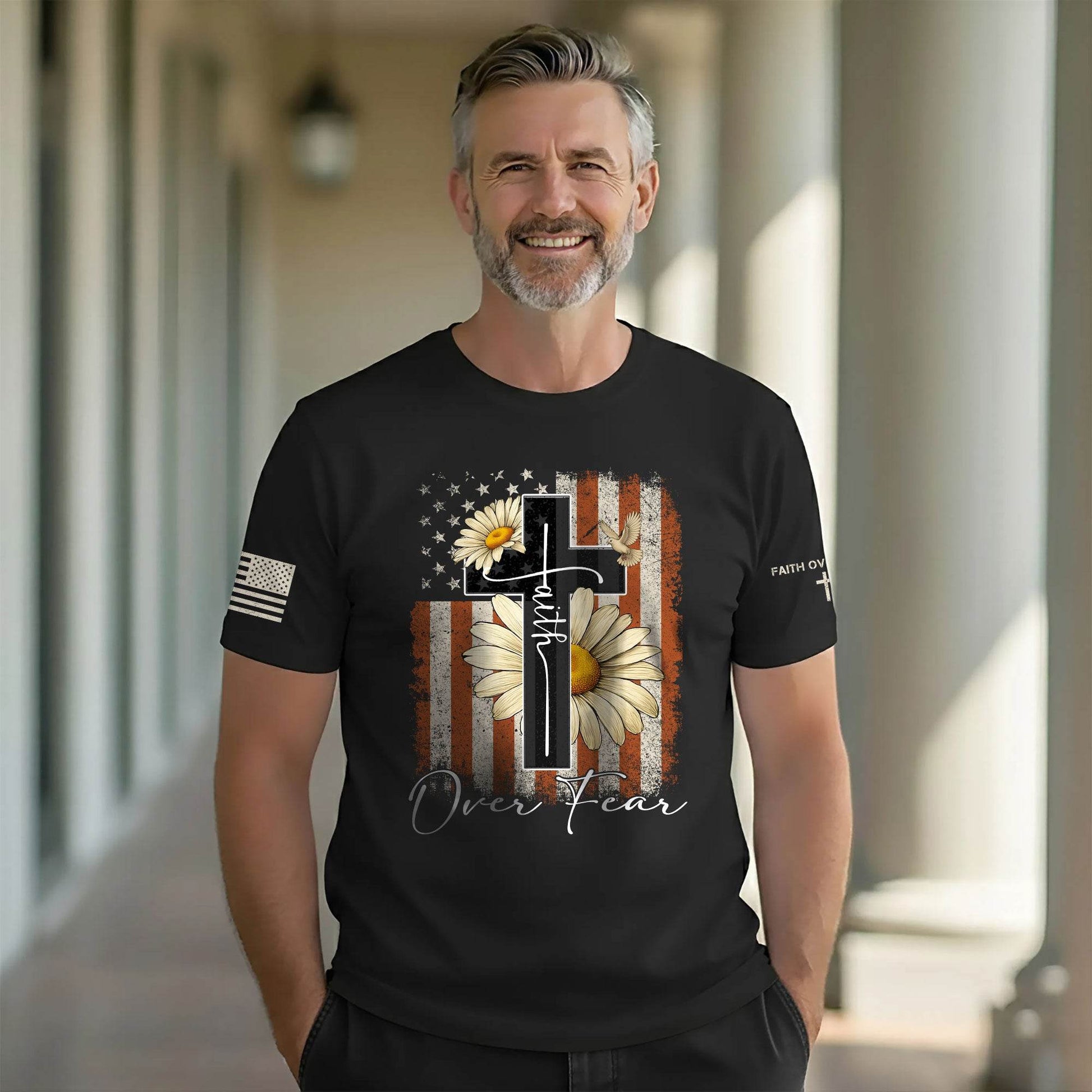 Faith Over Fear Shirt – Daisy Cross USA Flag Christian Tee - Rust Field Wear