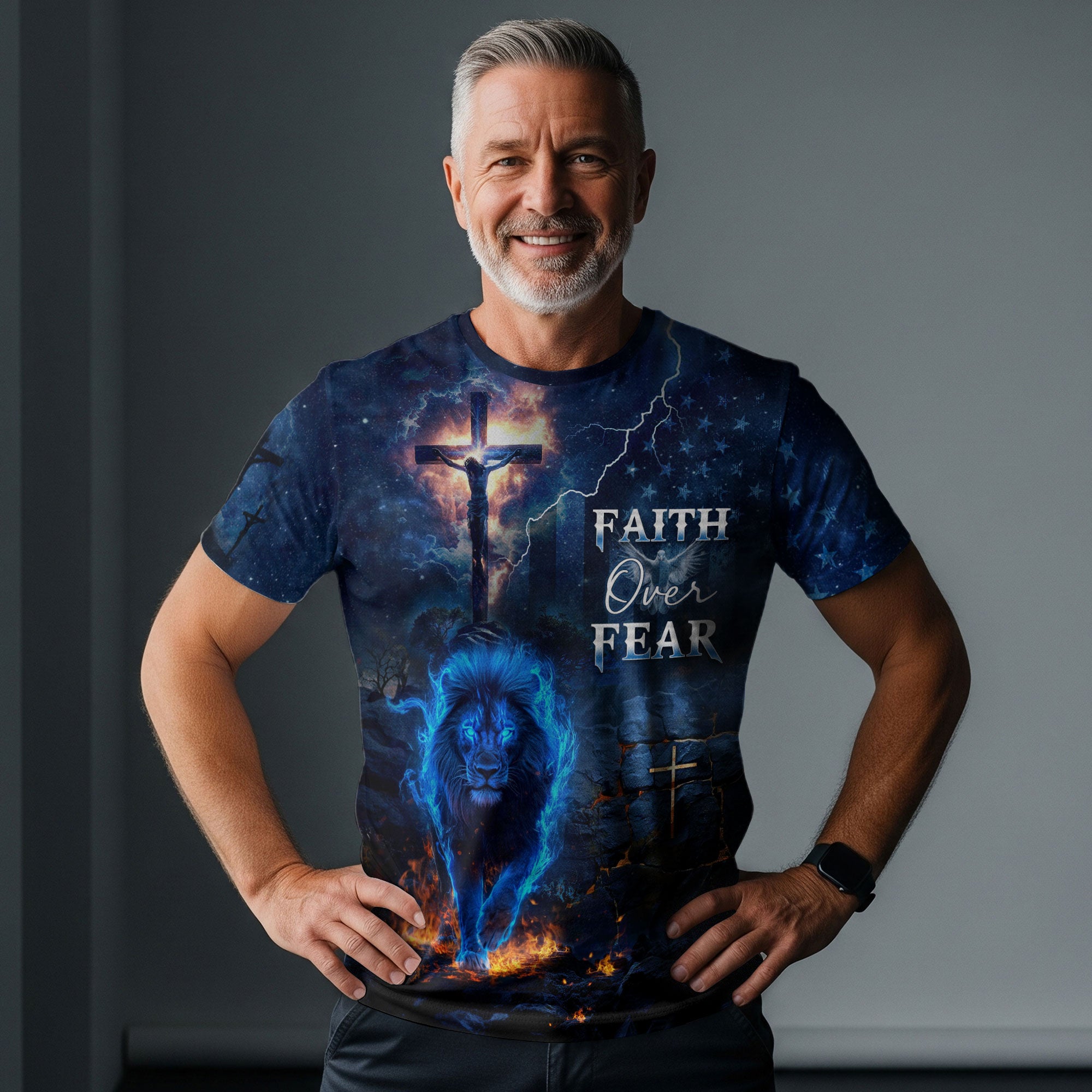 Faith Over Fear Blue Fire Lion And Crucifixion T-Shirt