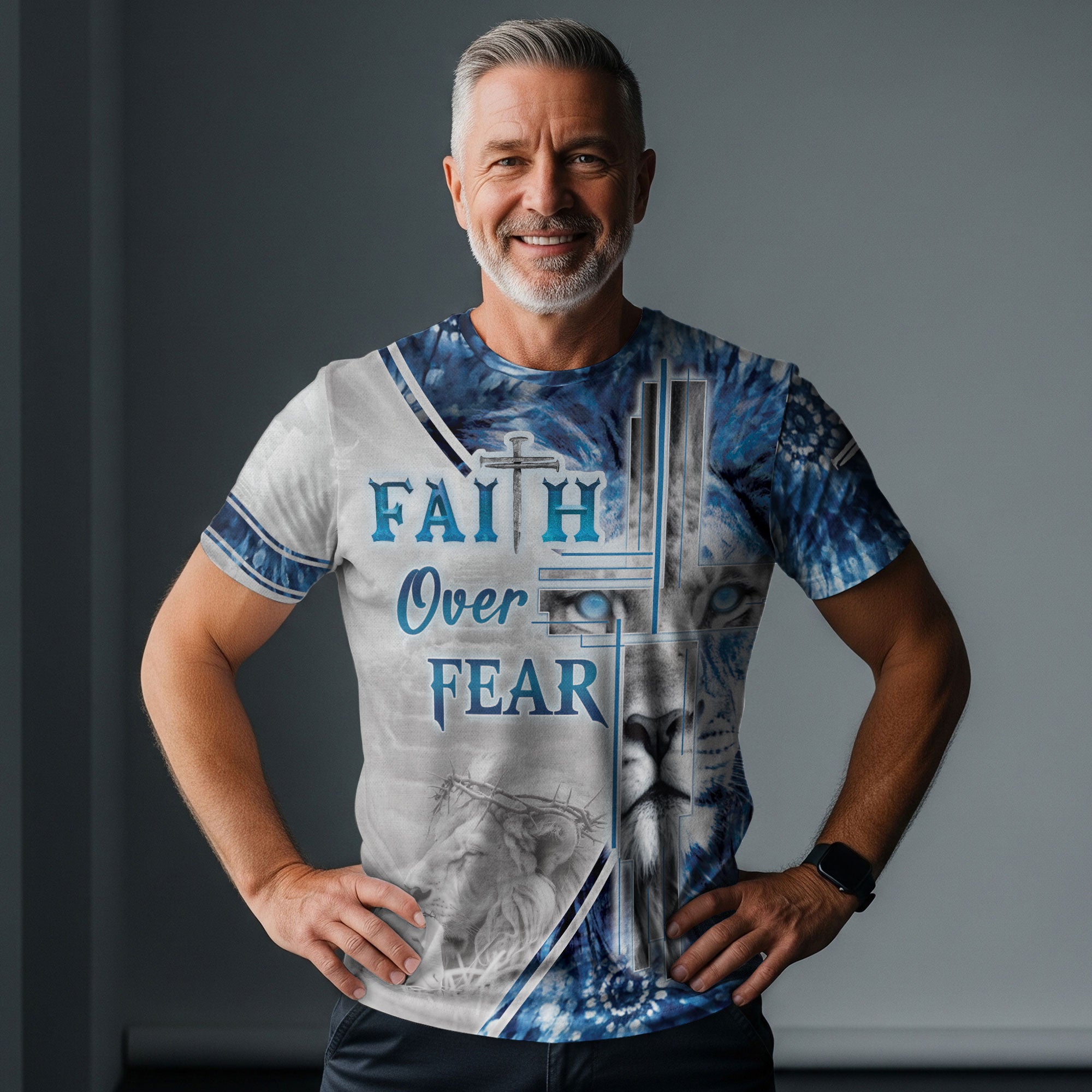 Faith Over Fear & Jesus Lion Cross T-Shirt – Christian Courage in Blue