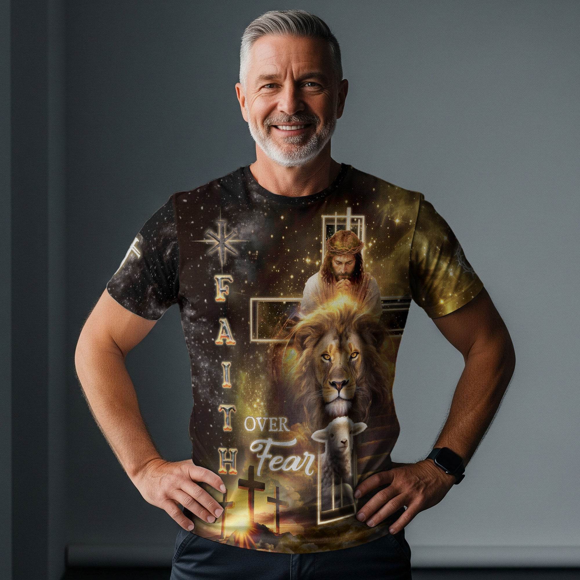 Faith Over Fear Golden Cross Christian T-Shirt - Rust Field Wear