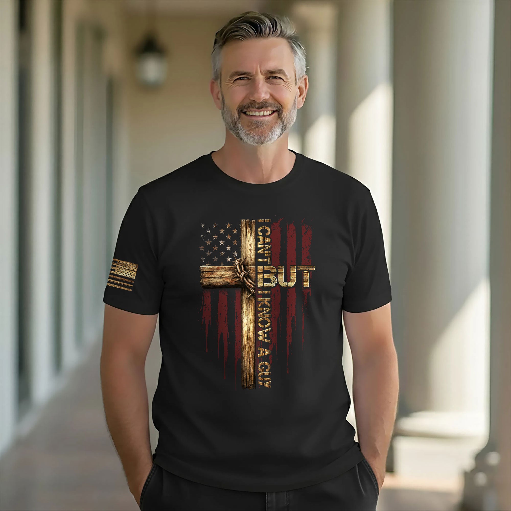 I Can’t But I Know a Guy Cross & American Flag Christian T-Shirt