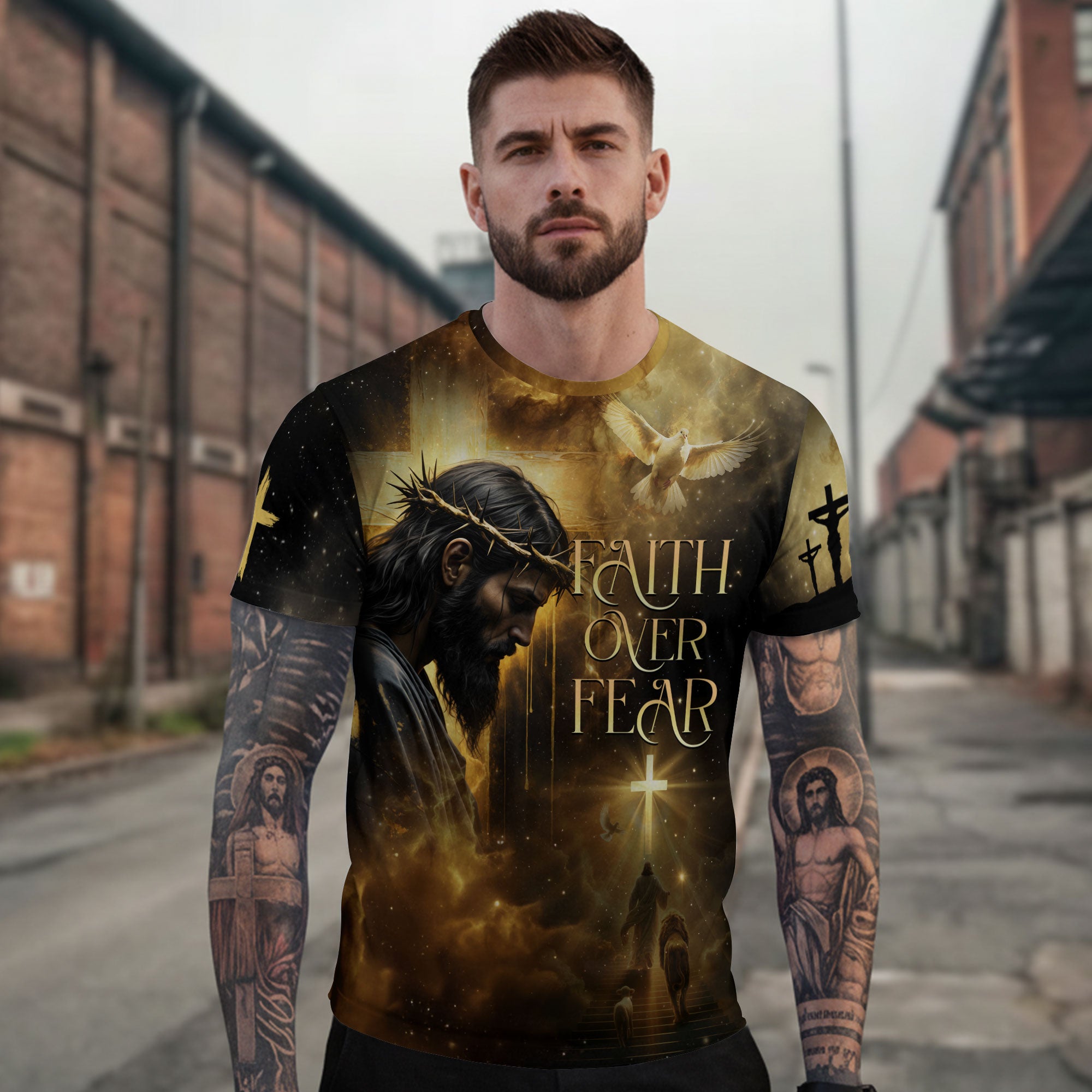 Faith Over Fear Lion of Judah Christian T-Shirt – Golden Glory Edition