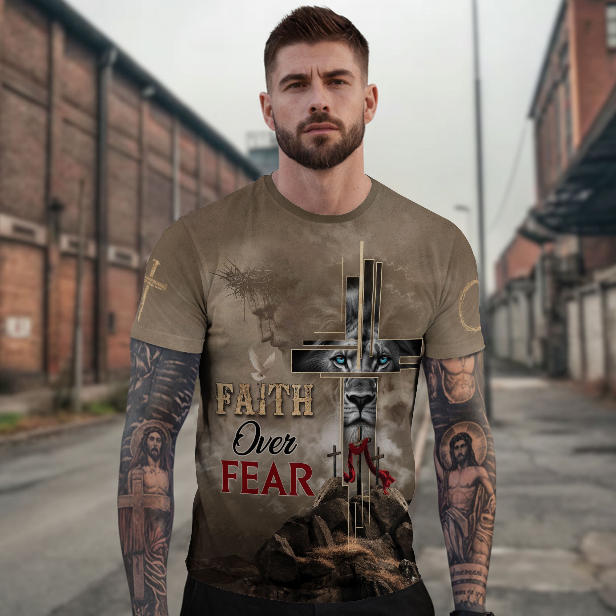 Faith Over Fear Christian T-Shirt Lion Cross Desert Light Design