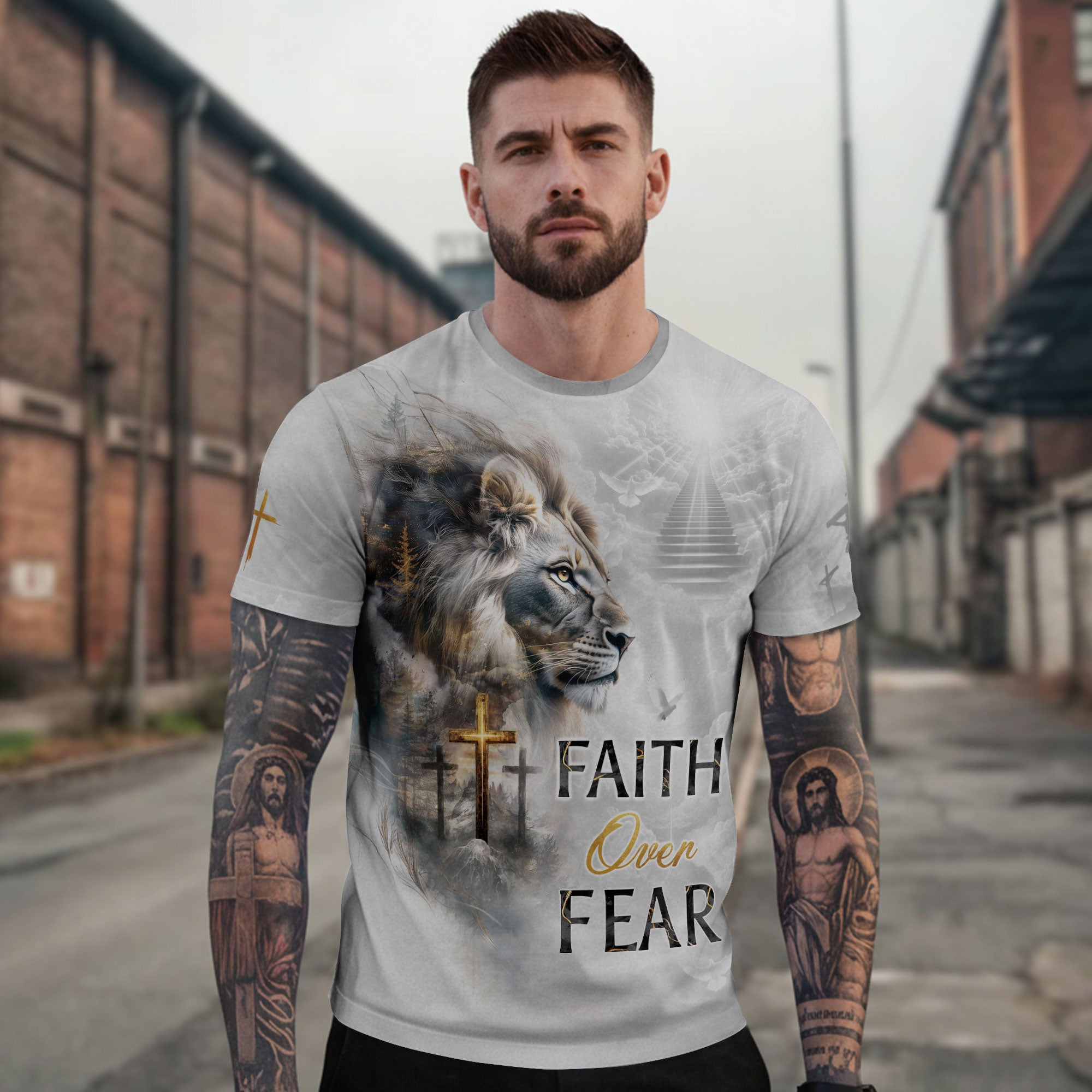 Faith Over Fear Christian T-Shirt Lion Cross White Heaven Design