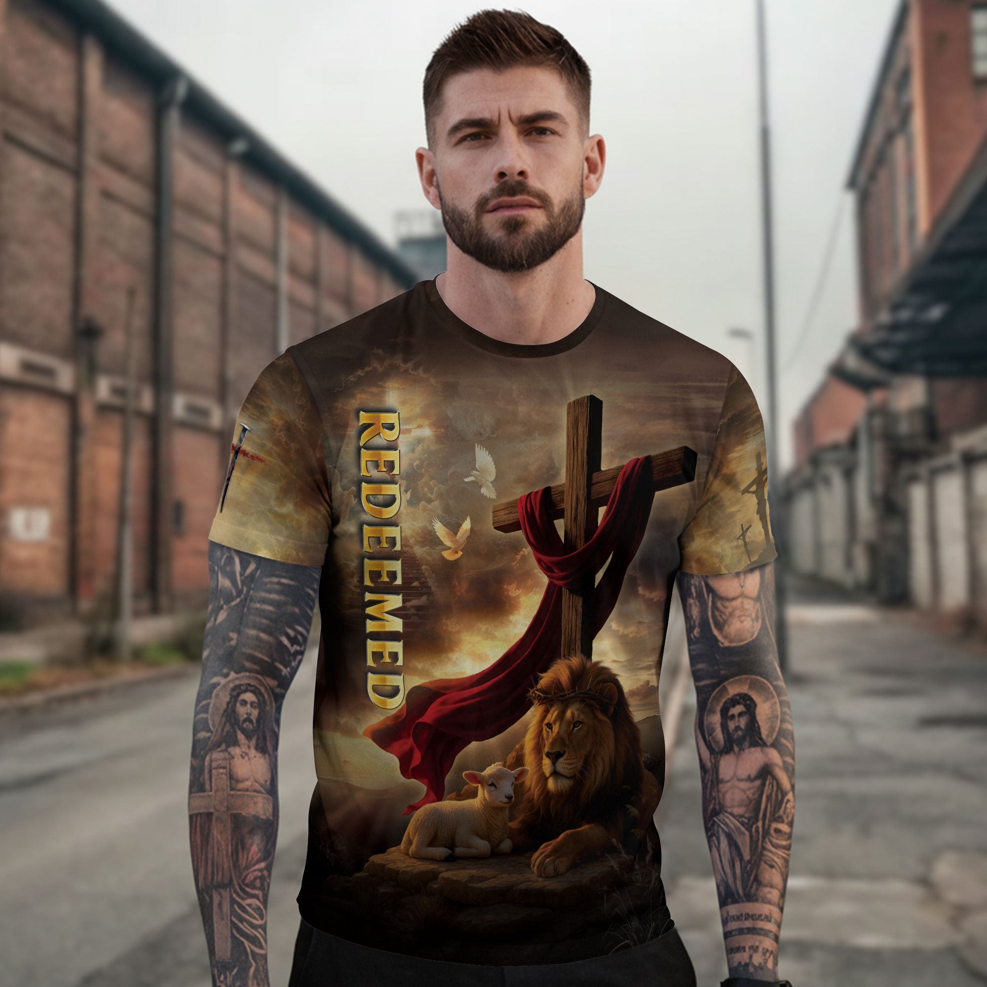 Redeemed Christian T-Shirt Lion Cross Lamb Faith Design