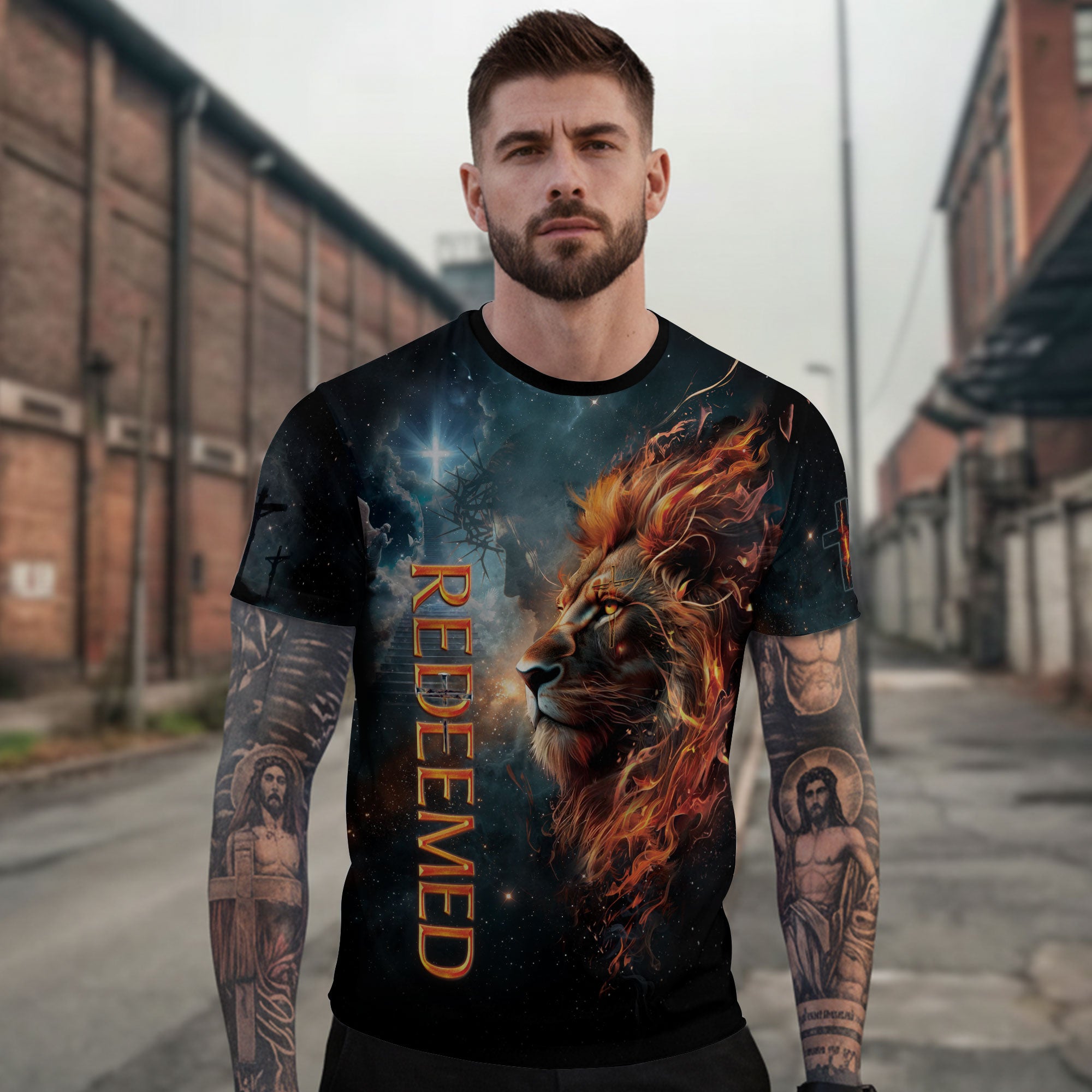 Redeemed Christian T-Shirt Lion Cross Fire Galaxy Design