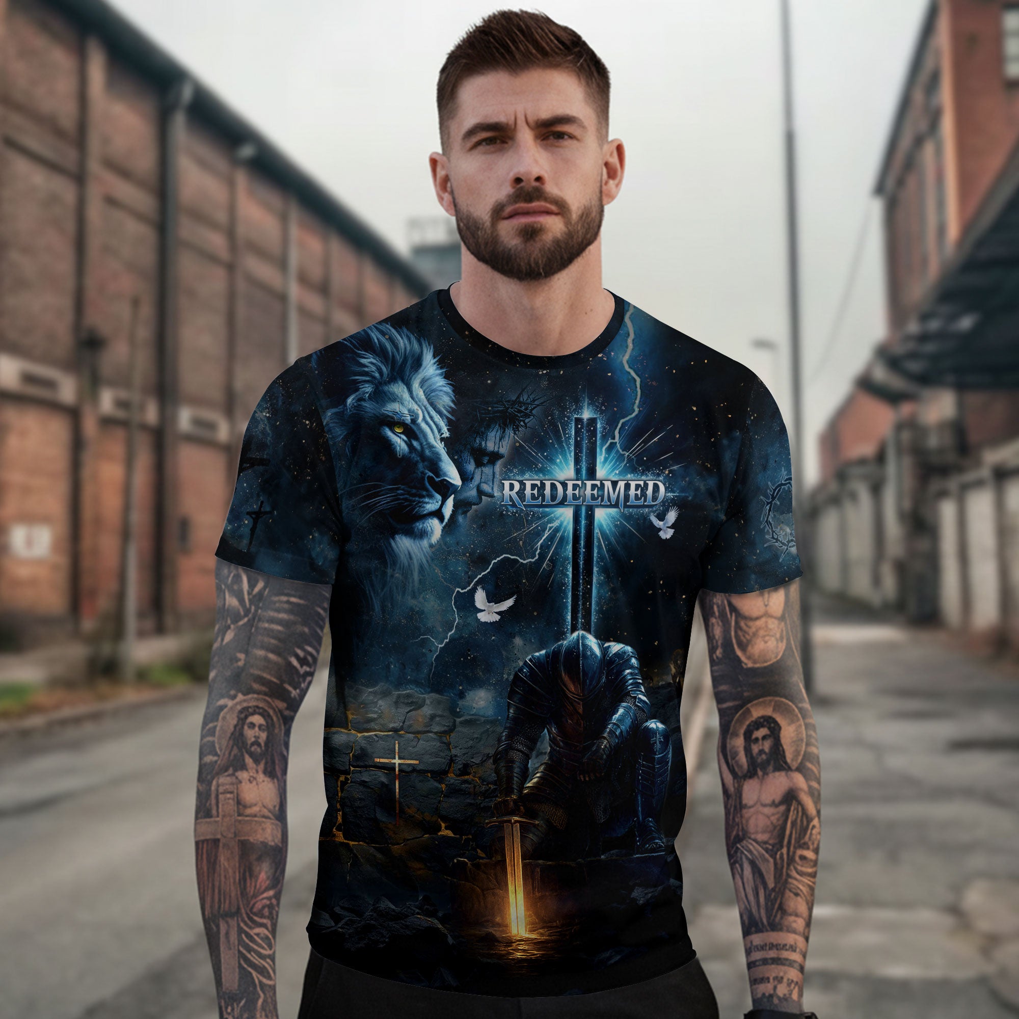 Redeemed Christian T-Shirt Lion Warrior Cross Blue Night Design