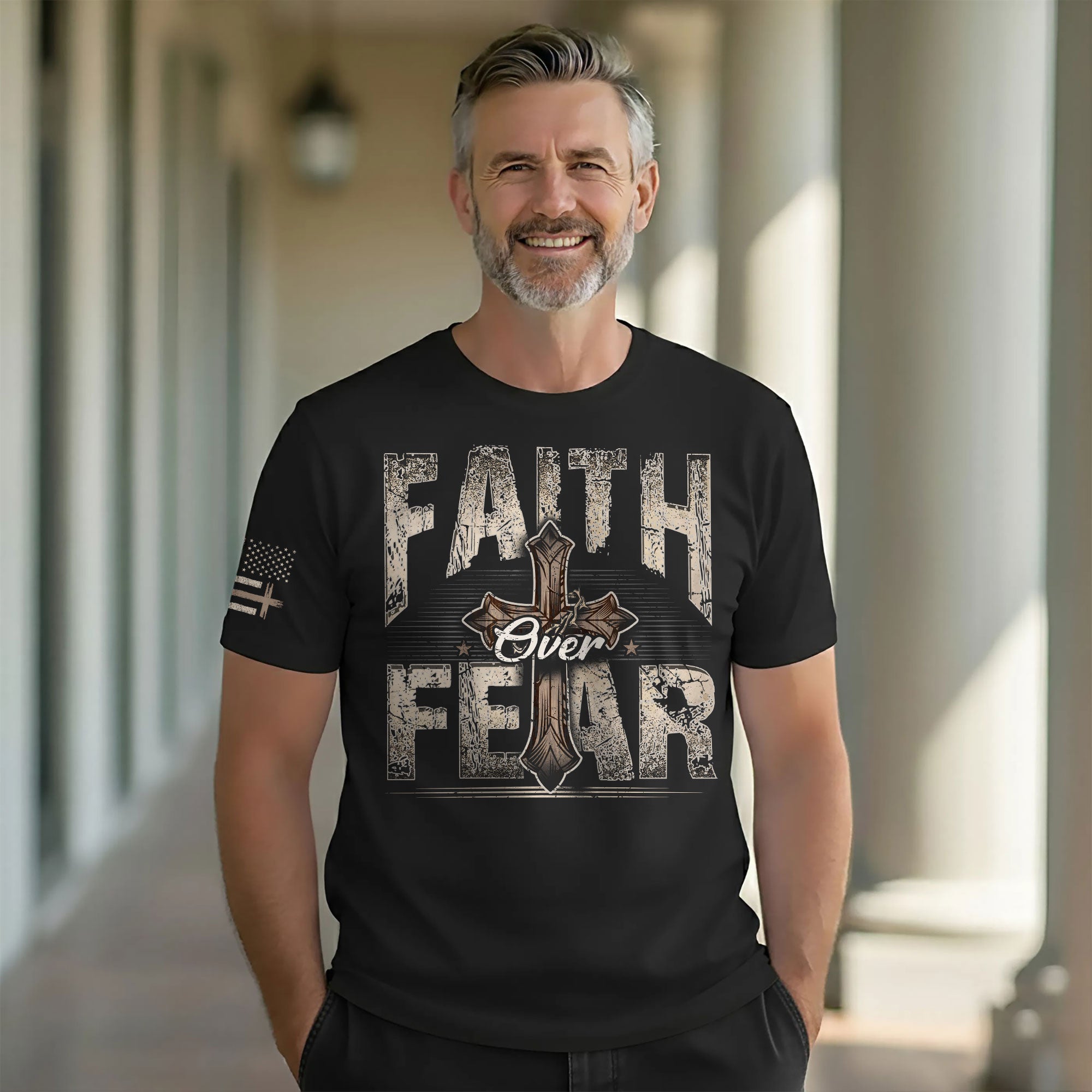 Faith Over Fear Christian T-Shirt Vintage Cross Crown Design