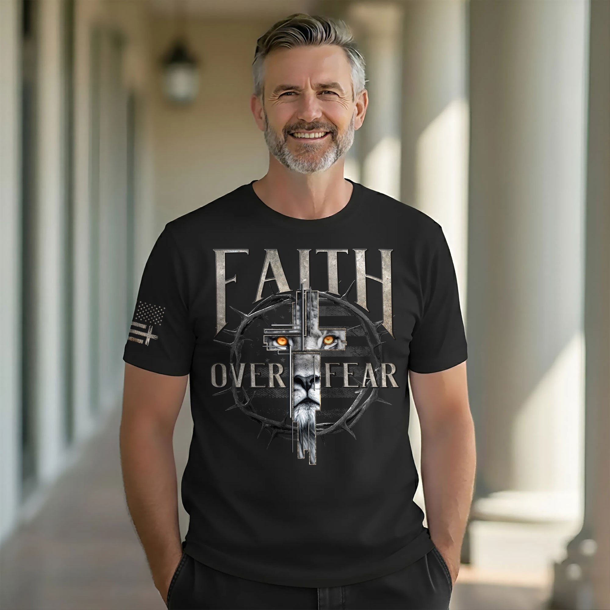 Faith Over Fear Christian T-Shirt Lion Cross Crown Design