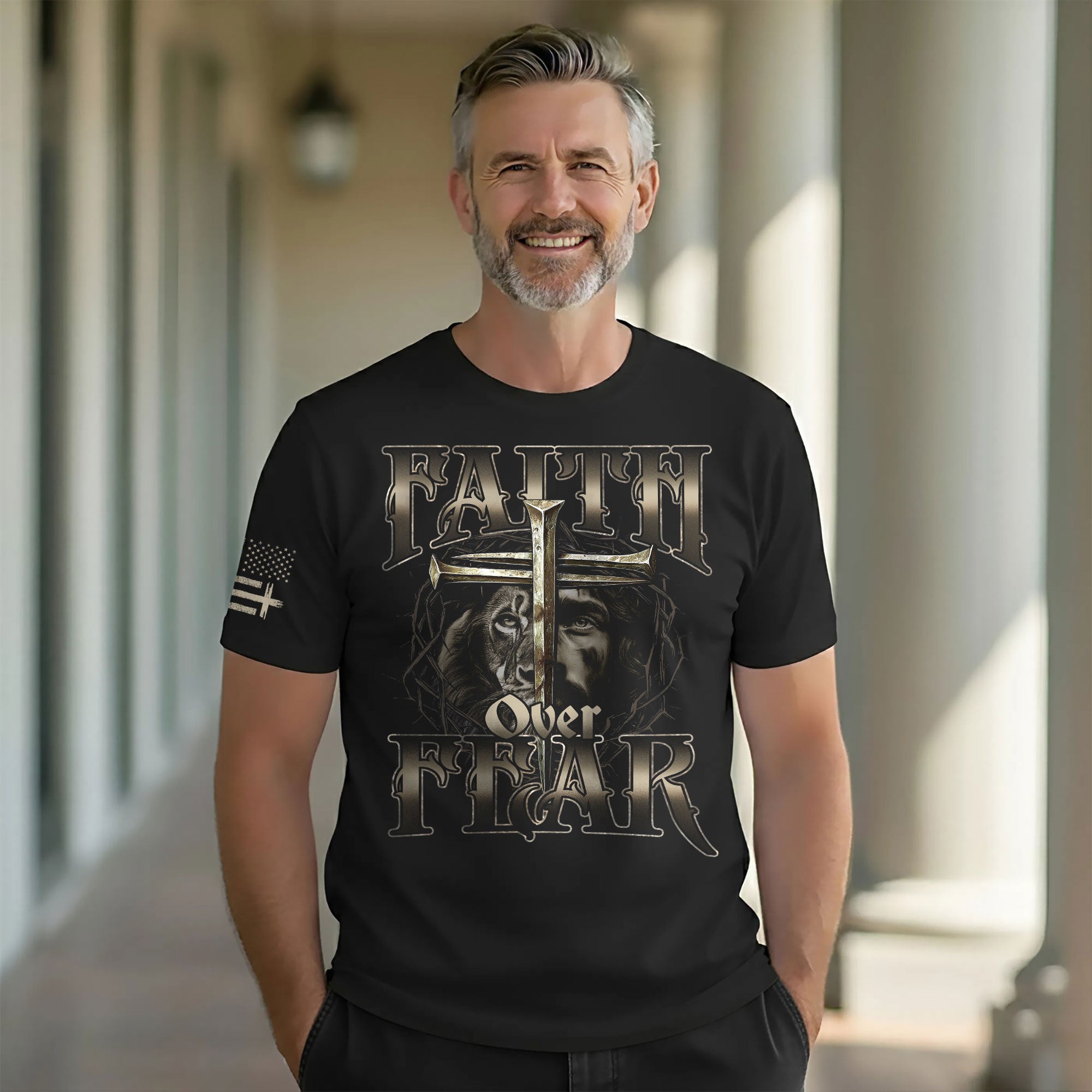 Faith Over Fear Christian T-Shirt Lion Jesus Cross Crown Design