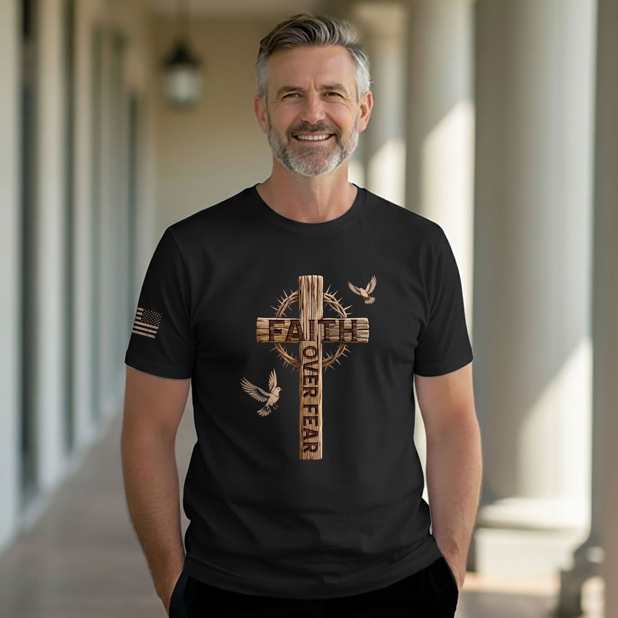 Faith Over Fear Christian T-Shirt Wooden Cross Crown of Thorns Design
