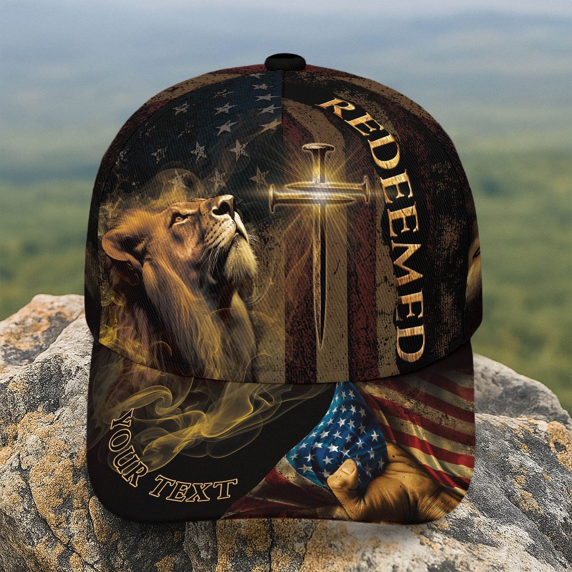 REDEEMED Christian Lion & Sword Hat – American Faith Personalized Edition - Rust Field Wear