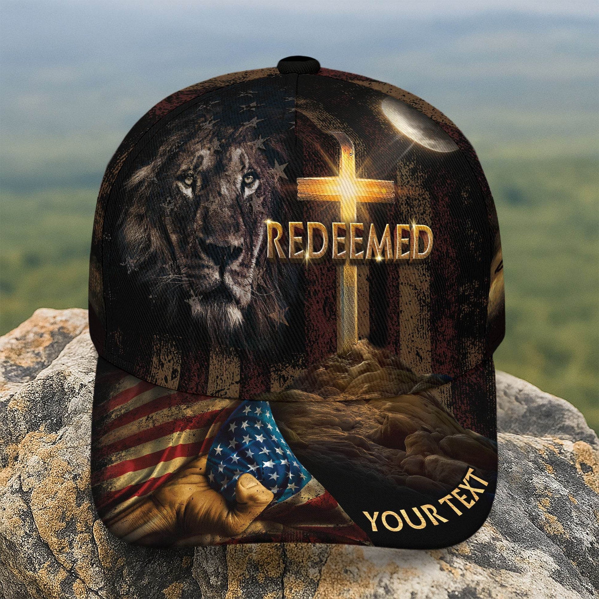 REDEEMED Lion of Judah Cap – Cross & Flag Patriotic Christian Personalized Hat - Rust Field Wear