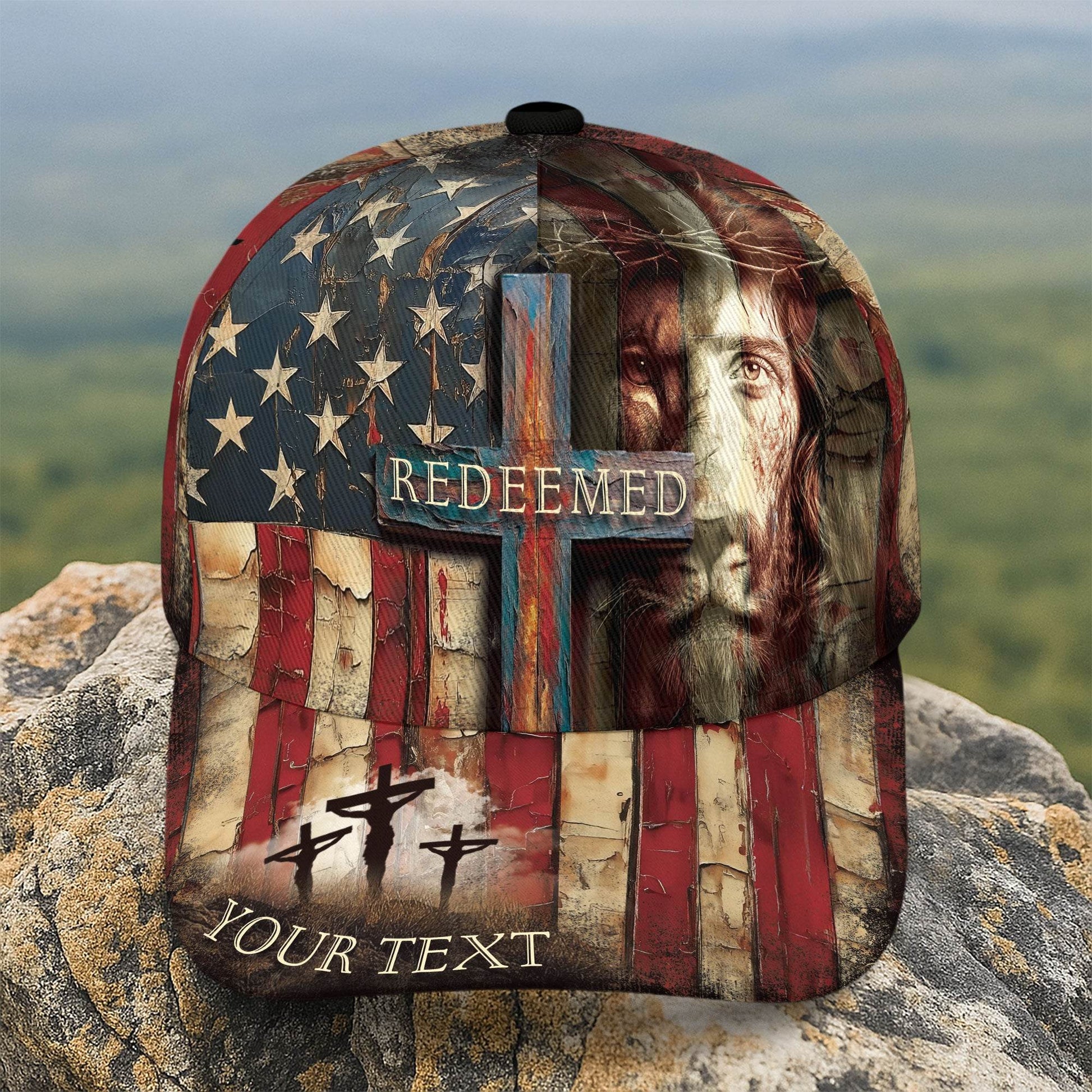 REDEEMED Christian Flag Cap – Jesus Face & Cross Patriotic Personalized Hat - Rust Field Wear
