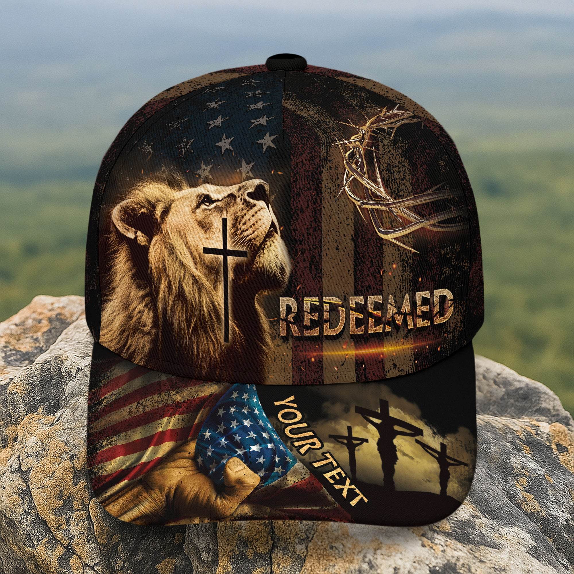 REDEEMED Patriotic Christian Hat – Lion, Cross & Crown of Thorns Personalized Design - Rust Field Wear