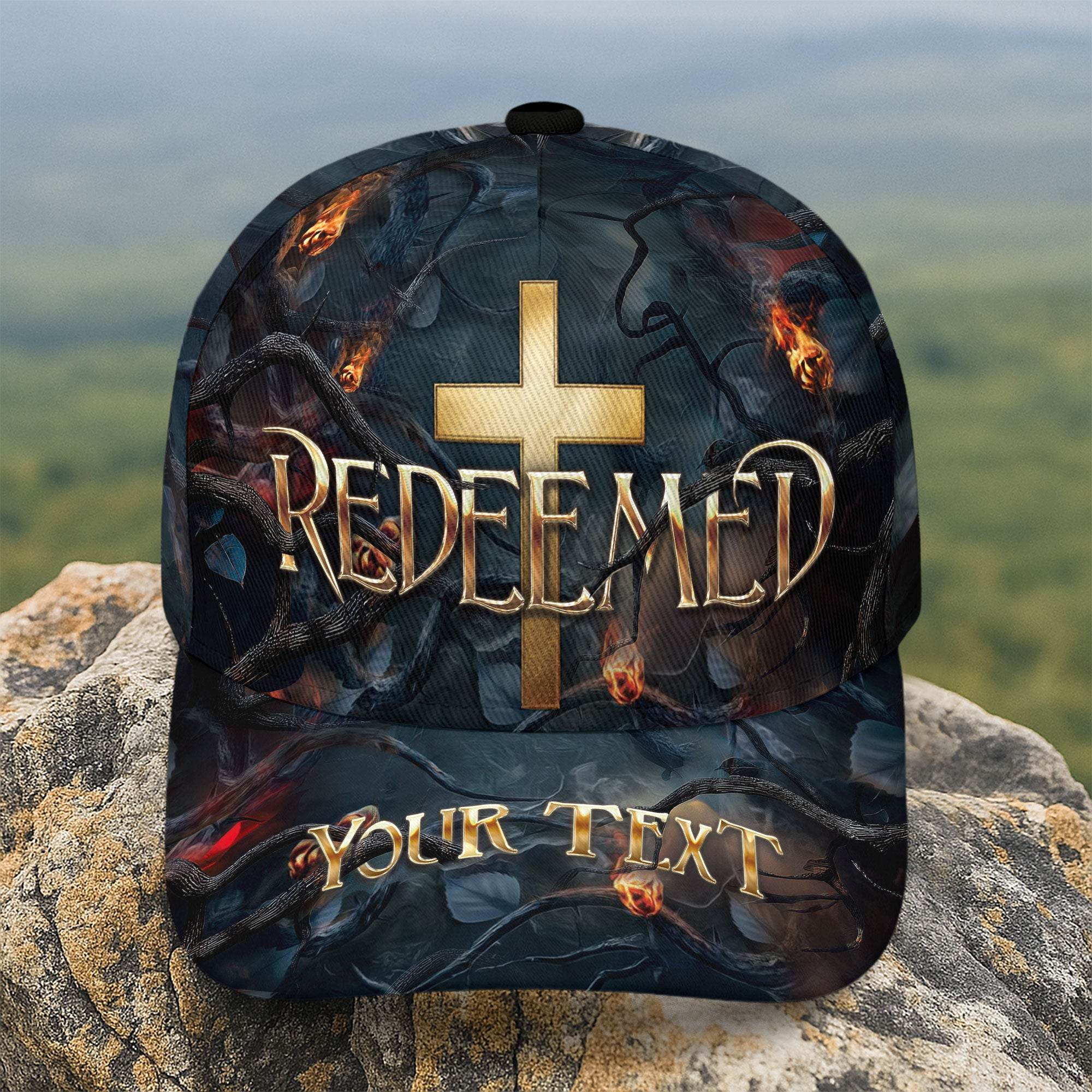 REDEEMED Cross Fire Cap – Bold Christian Statement Hat (Custom Text) - Rust Field Wear