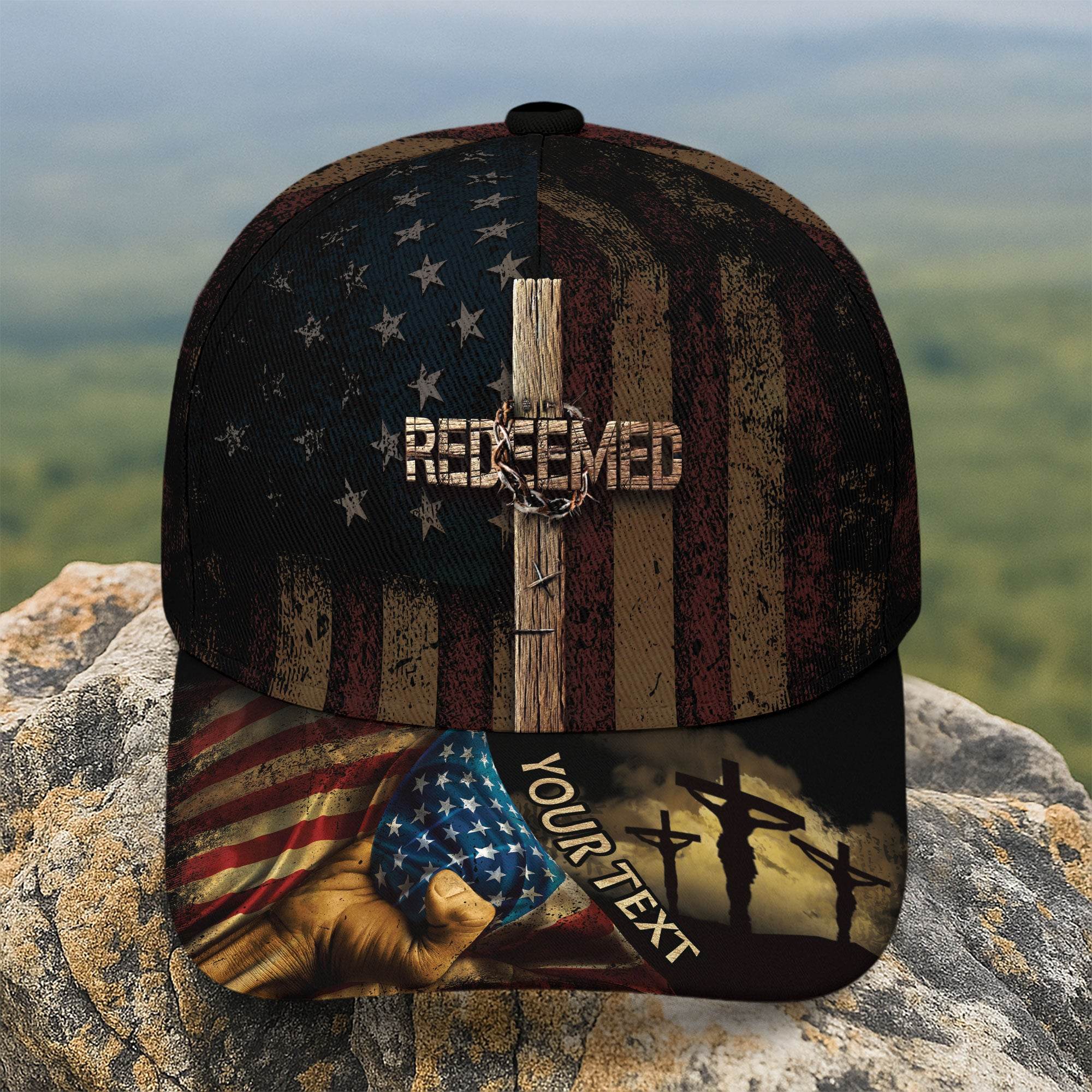 REDEEMED American Flag Cross Cap – Personalized Christian Hat - Rust Field Wear