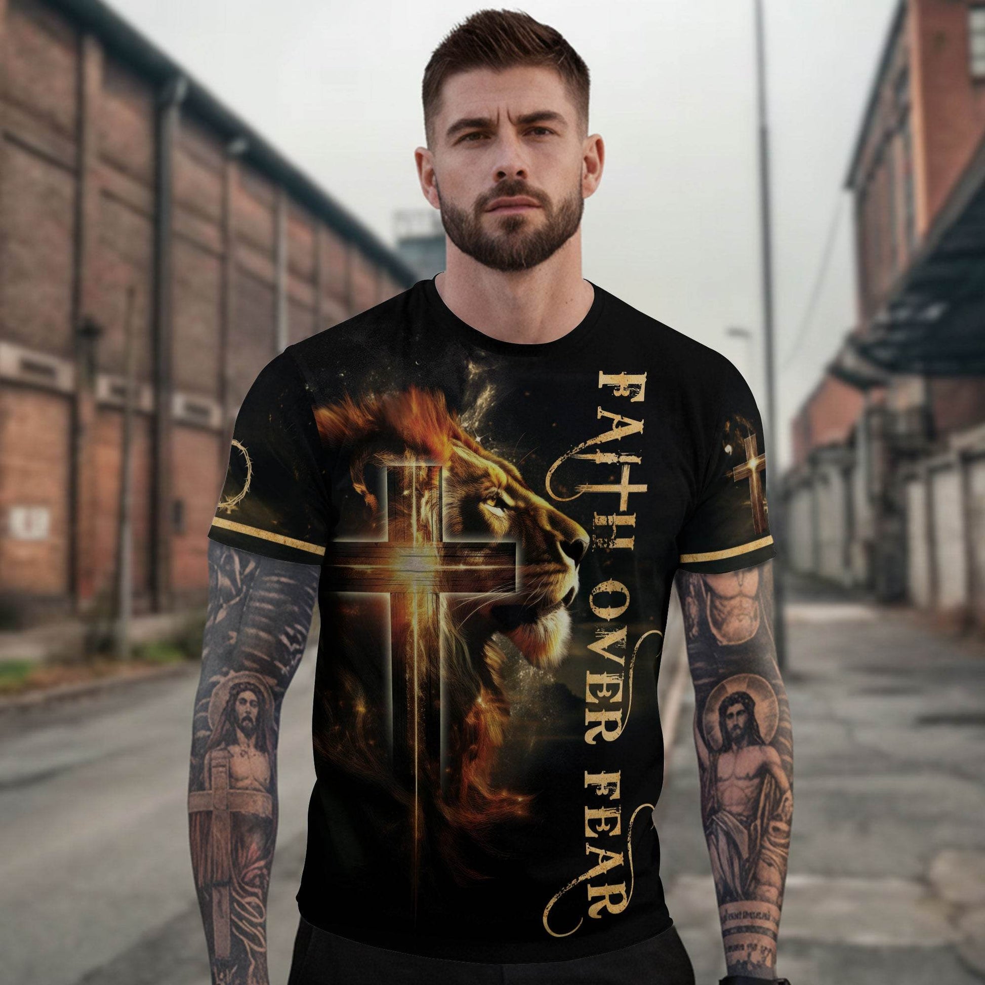 Faith Over Fear Lion and Cross Double-Sided Christian T-Shirt - Rust Field Wear