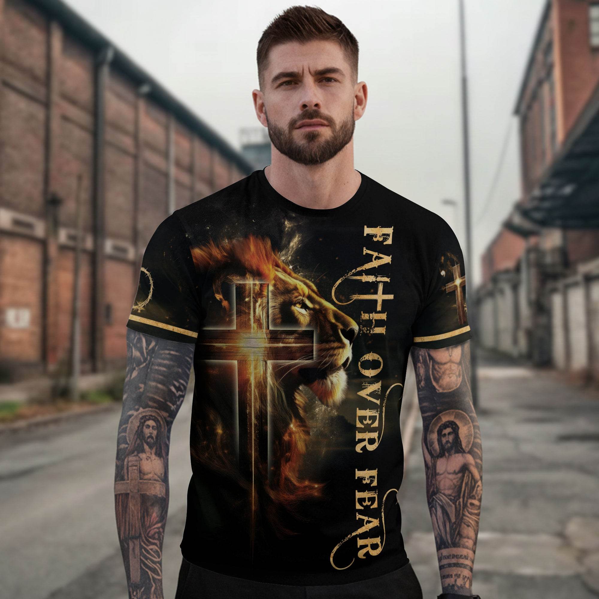 Faith Over Fear Lion and Cross Double-Sided Christian T-Shirt - Rust Field Wear