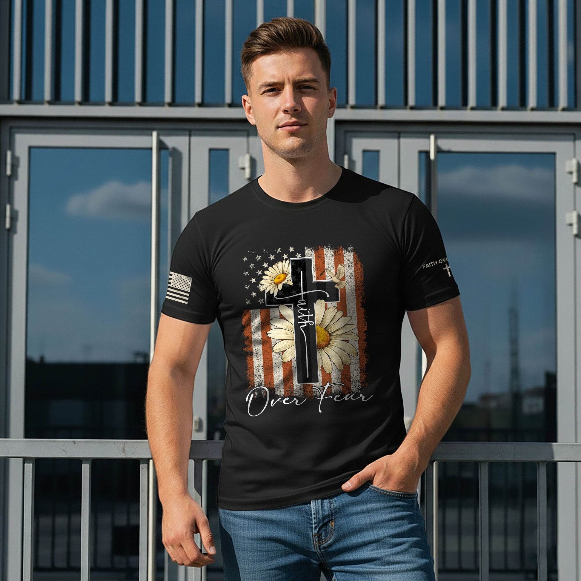 Faith Over Fear Shirt – Daisy Cross USA Flag Christian Tee - Rust Field Wear