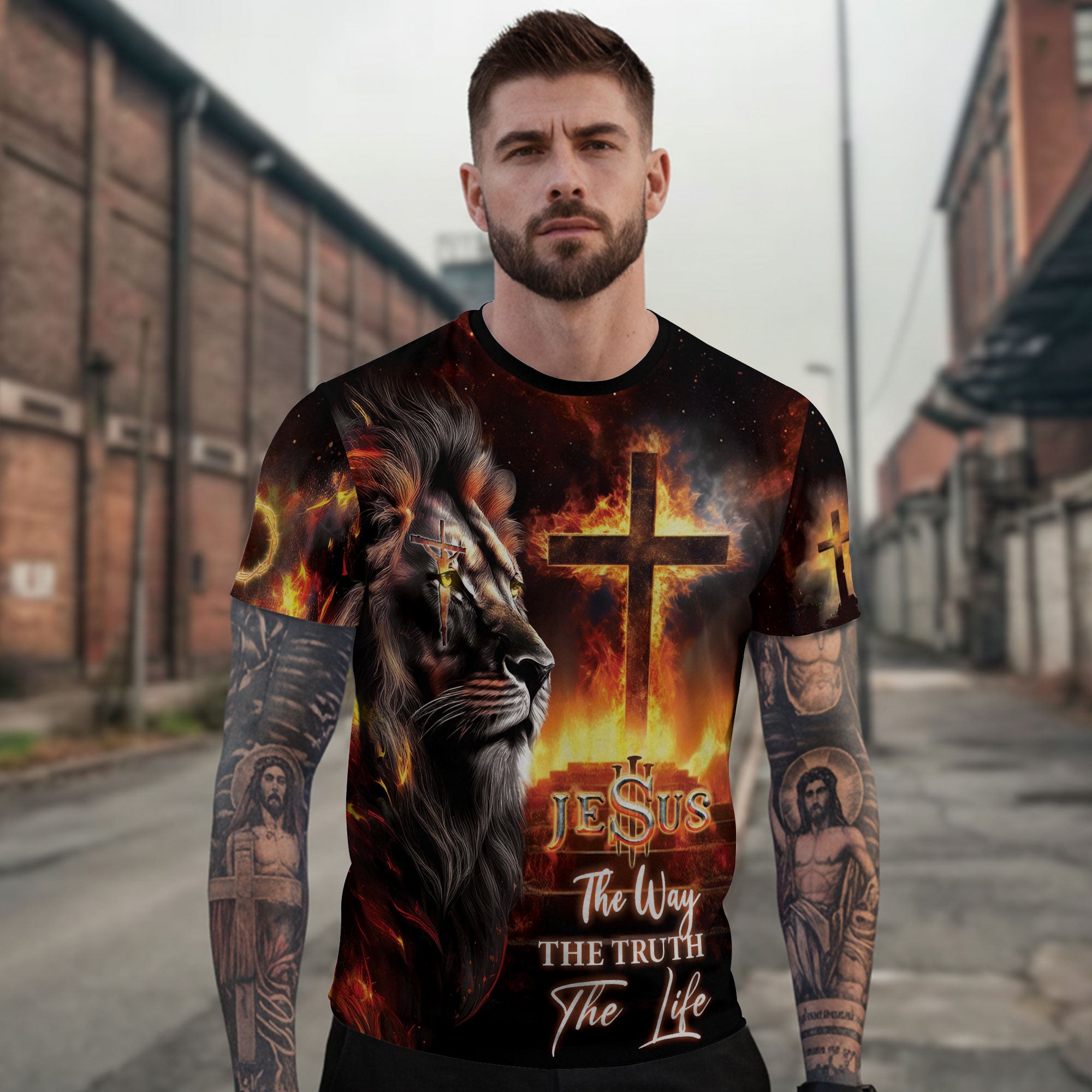 Lion of Judah Cross Fire Christian Shirt