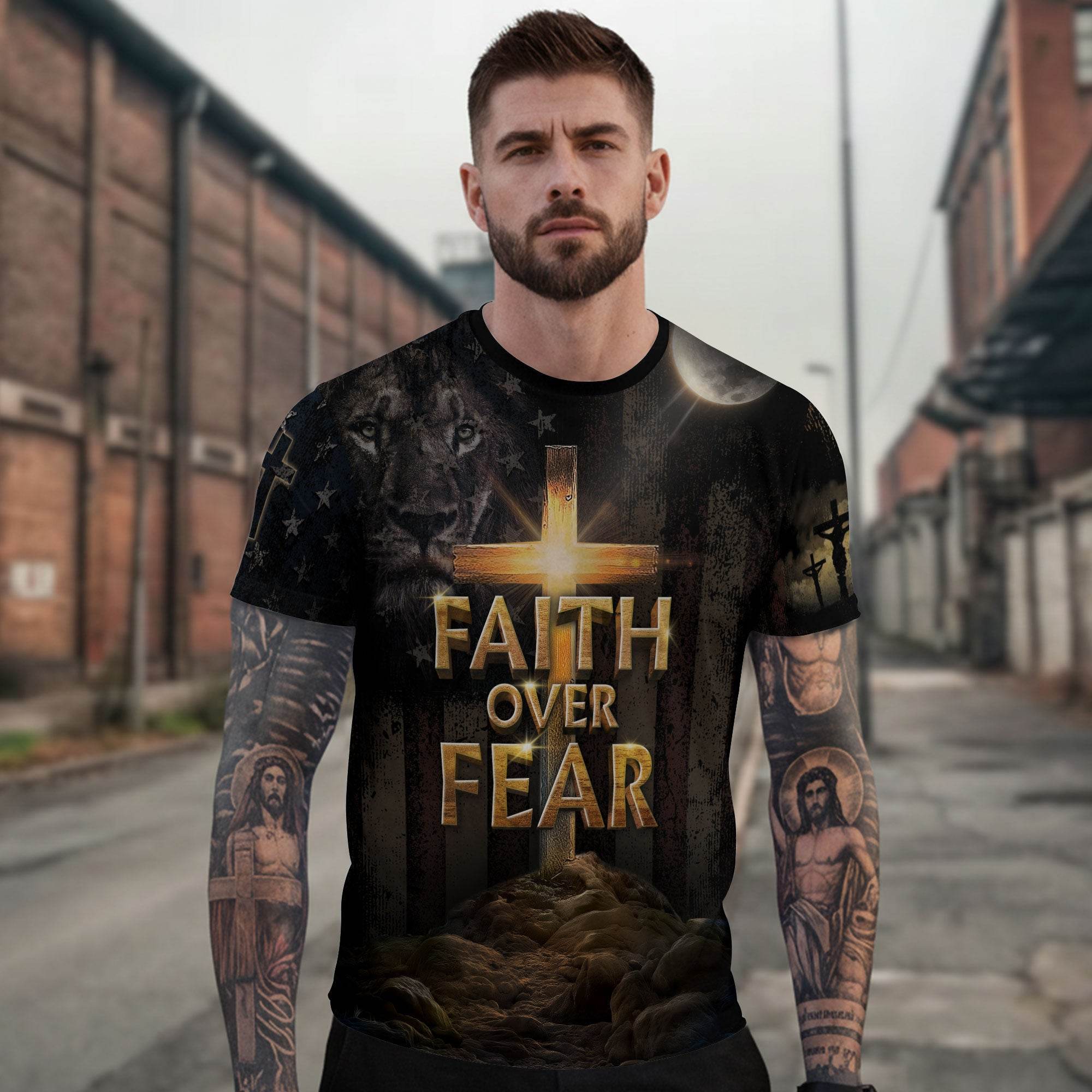 Faith Over Fear | Cross of Light & Warrior Lion Christian Shirt - Rust Field Wear