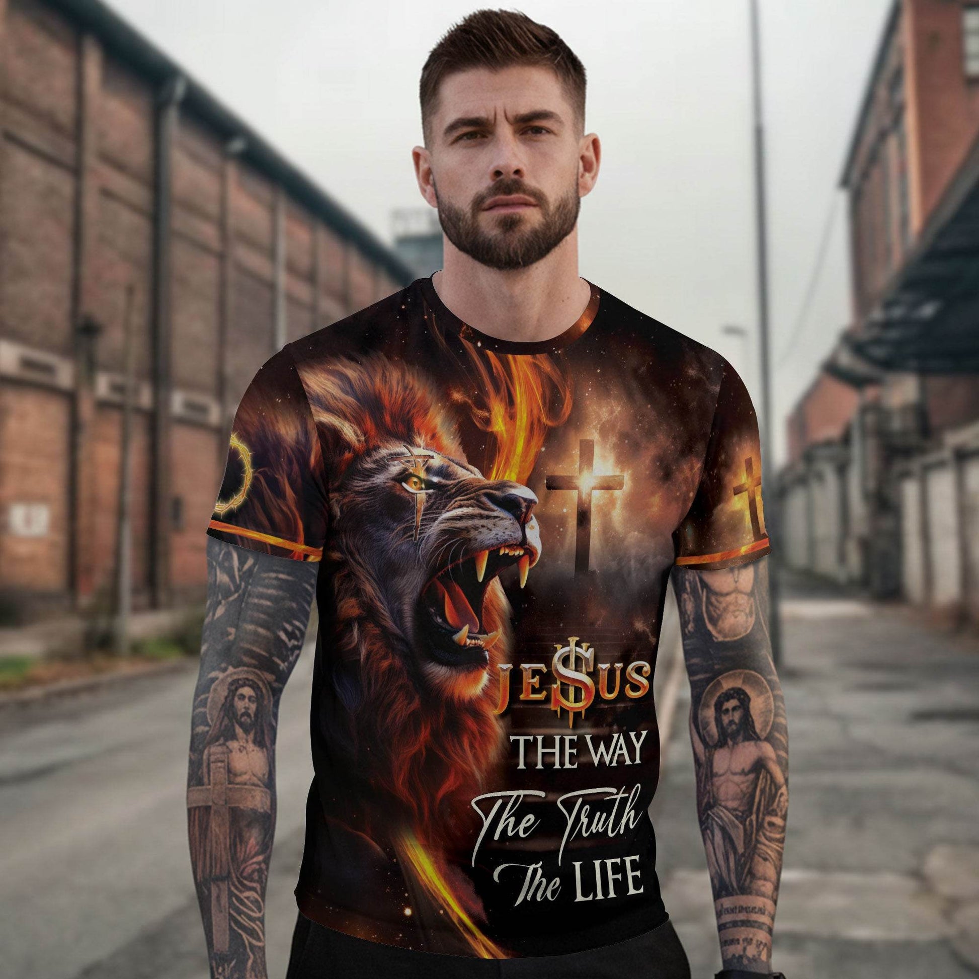 Jesus The Way The Truth The Life Cross & Lion Fire T-Shirt - Rust Field Wear