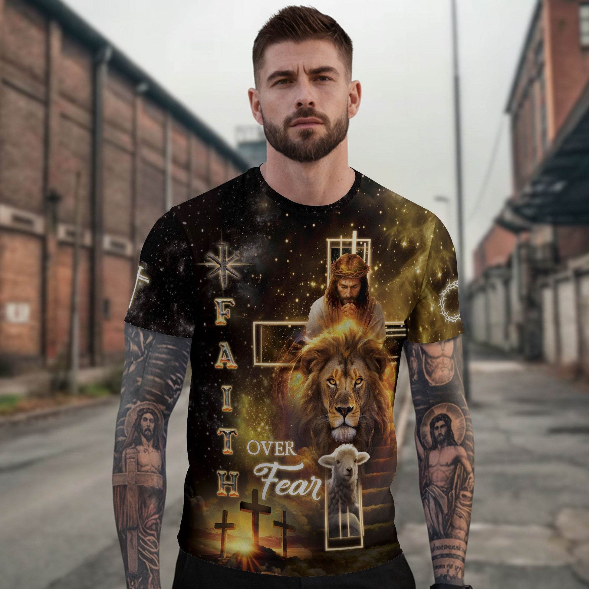 Faith Over Fear Golden Cross Christian T-Shirt - Rust Field Wear