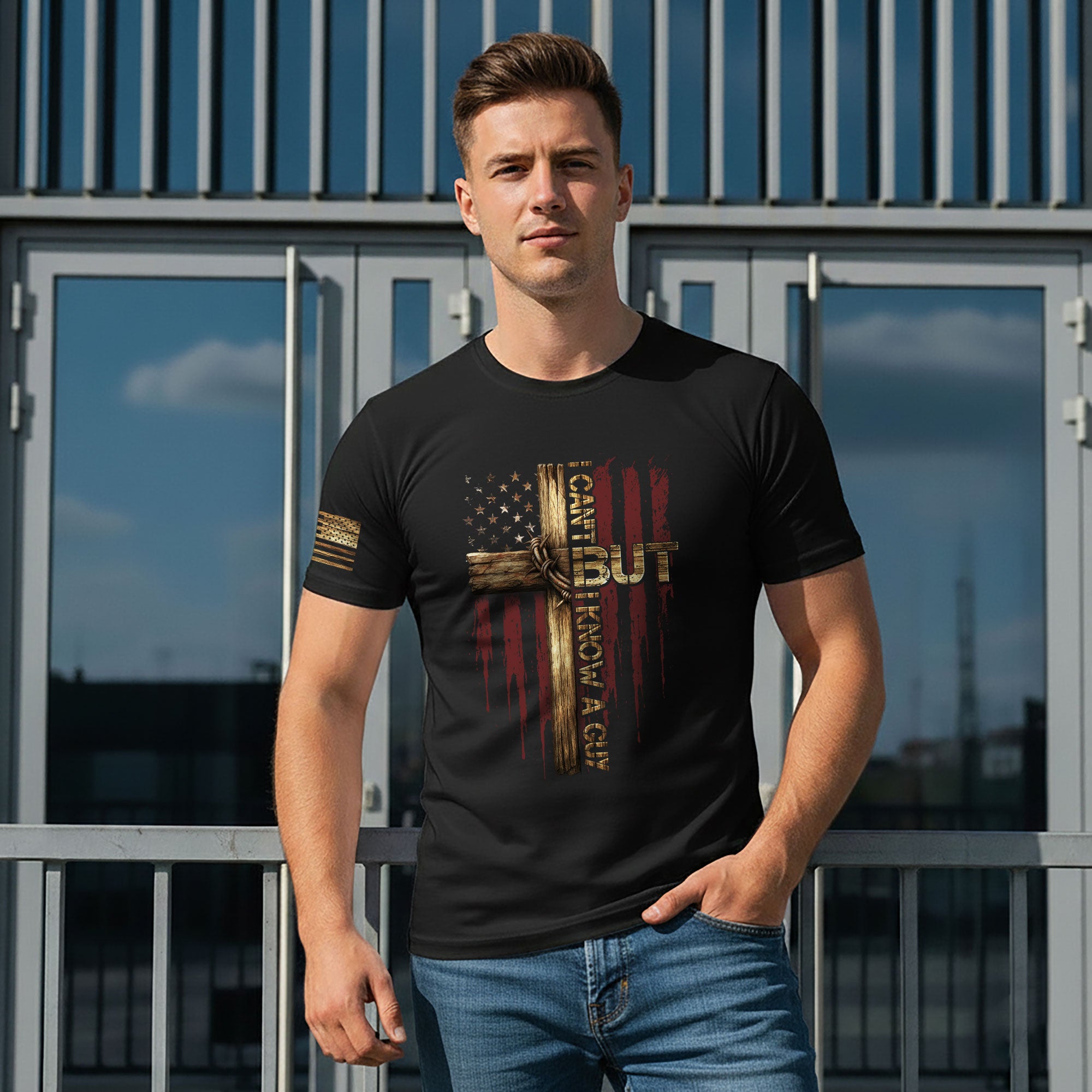 I Can’t But I Know a Guy Cross & American Flag Christian T-Shirt