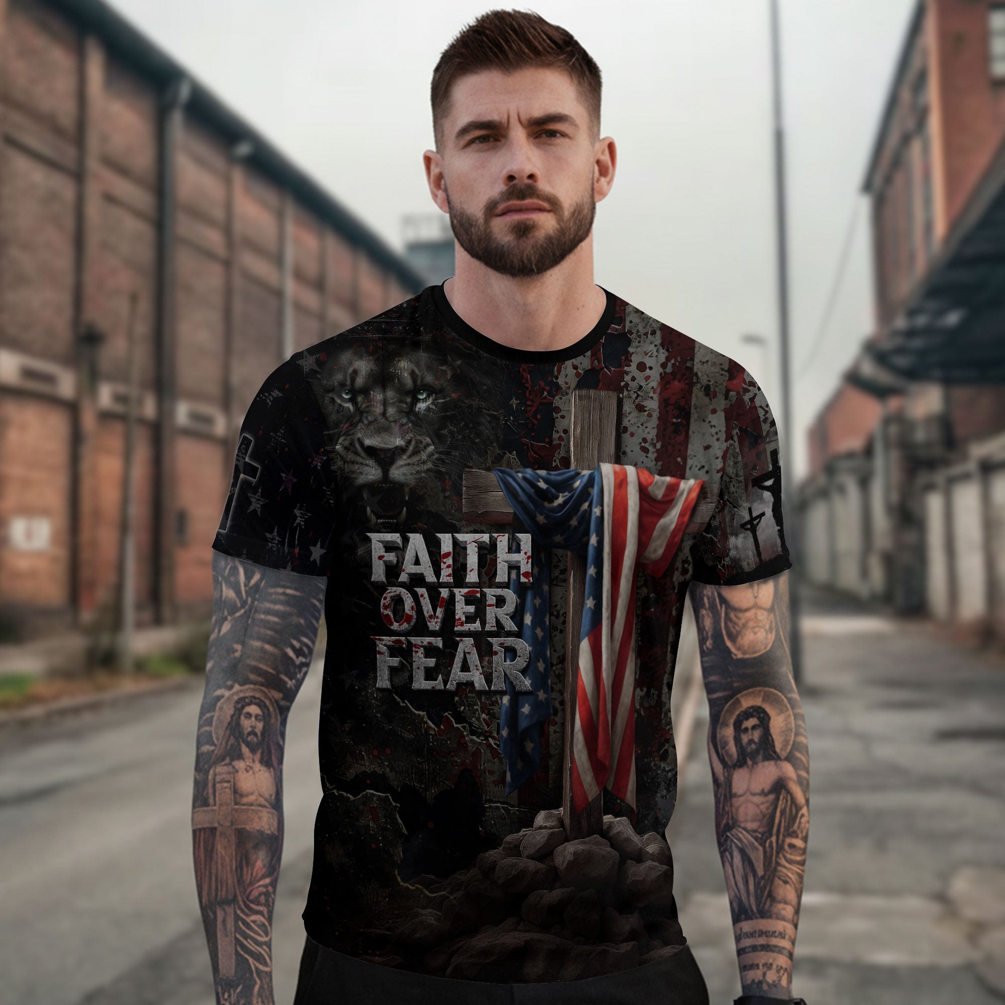 Faith Over Fear American Flag Cross Jesus Lion Of Judah Christian Patriotic T-Shirt