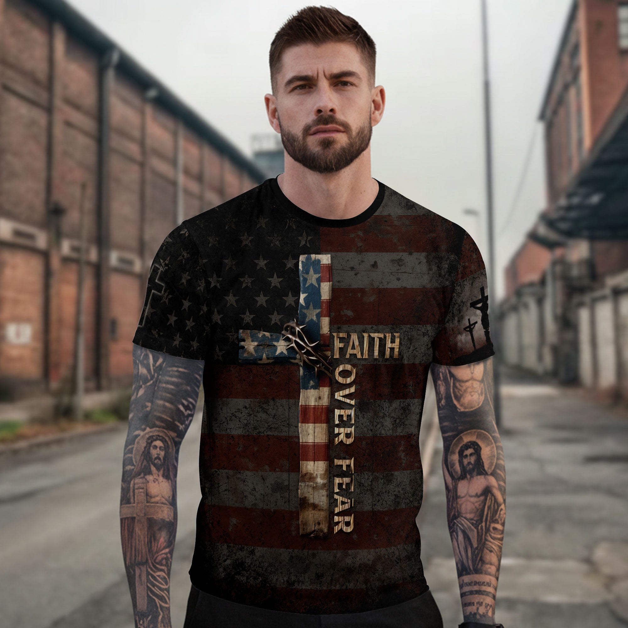 Faith Over Fear Cross American Flag Lion of Judah Jesus Christian T-Shirt