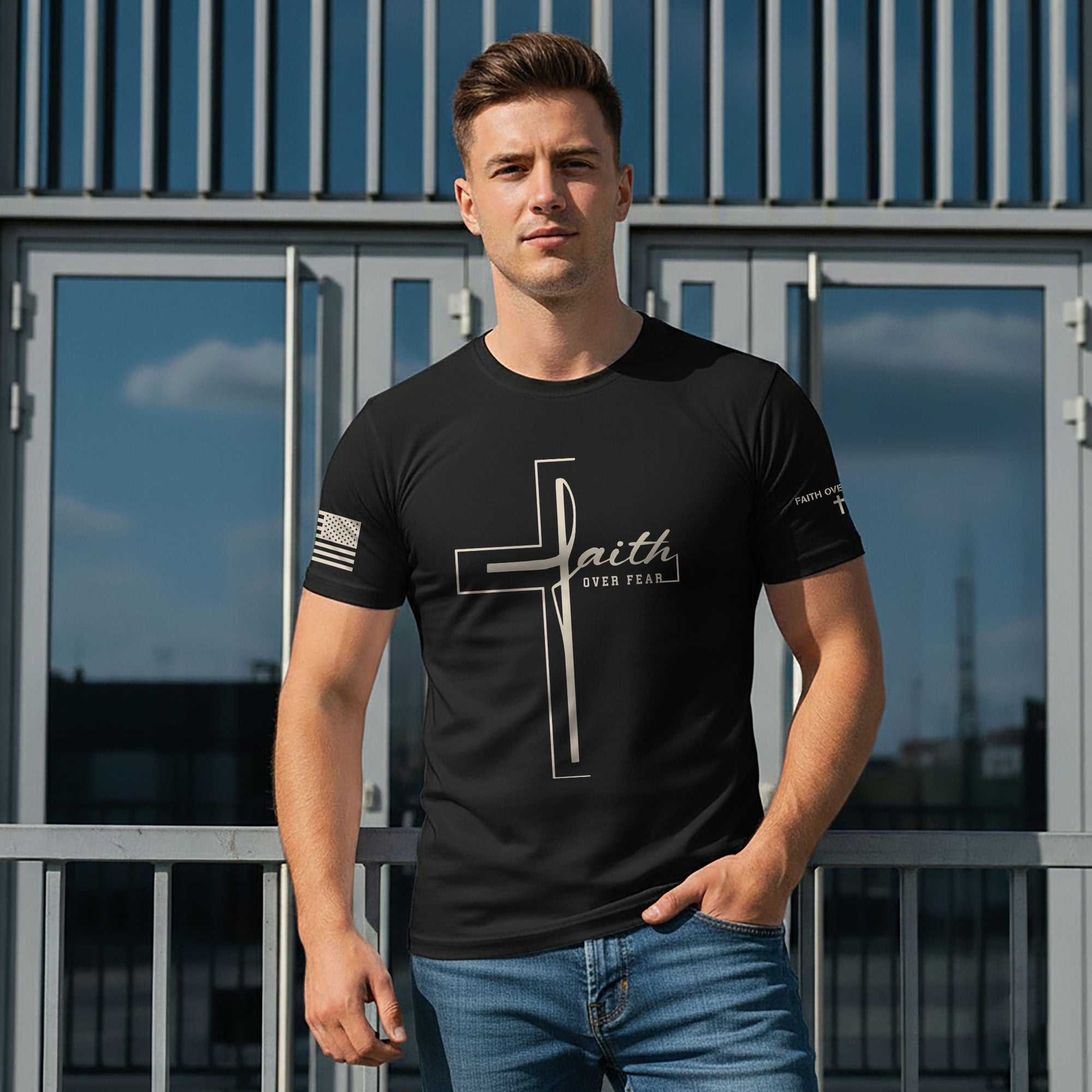 Minimal Cross Faith Over Fear Christian T-Shirt